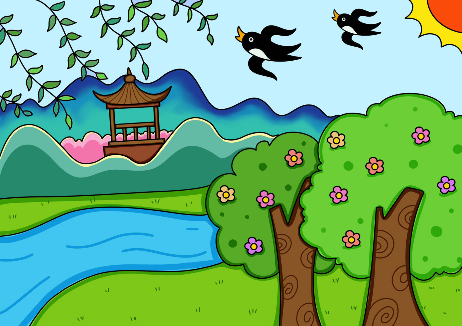 春天来了主题画 春天风景画 简笔画 简单 #创意美术儿童画# #风景画