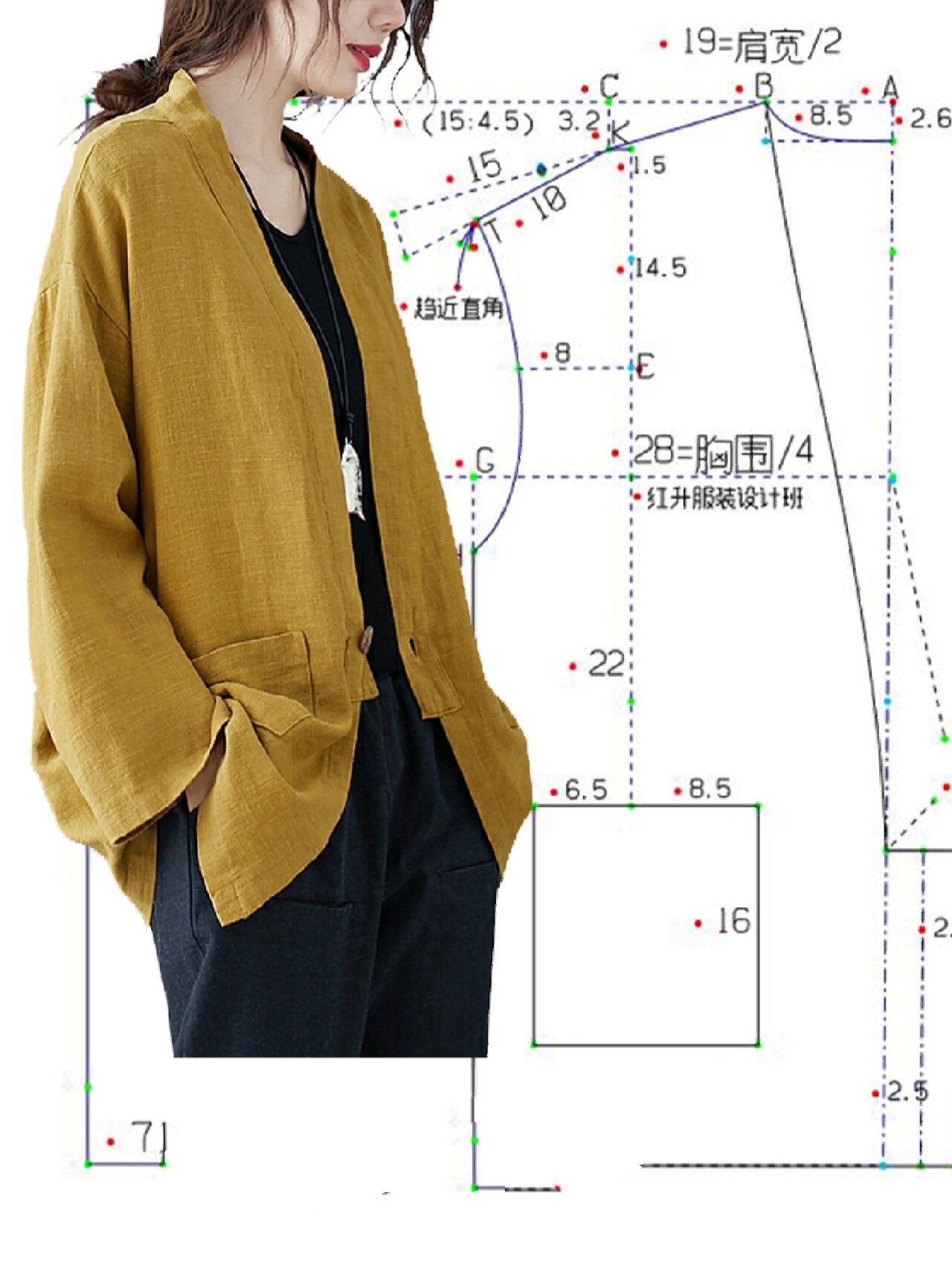 中式v领女短外套裁剪图,零基础自学服装制版图纸样板教程,新来看不懂