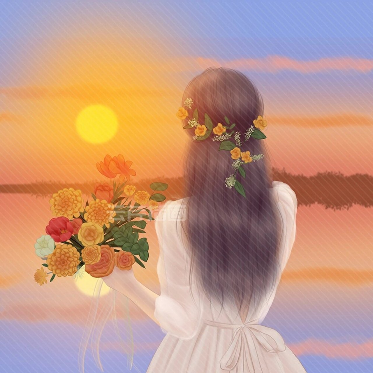 女生拿花背影