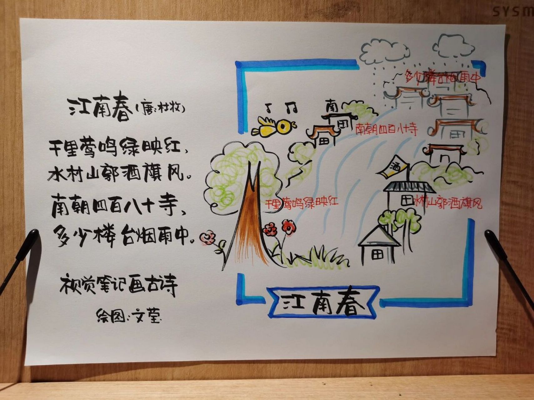 古诗配画小学生|《江南春》 千里莺啼绿映红, 水村山郭酒旗风.