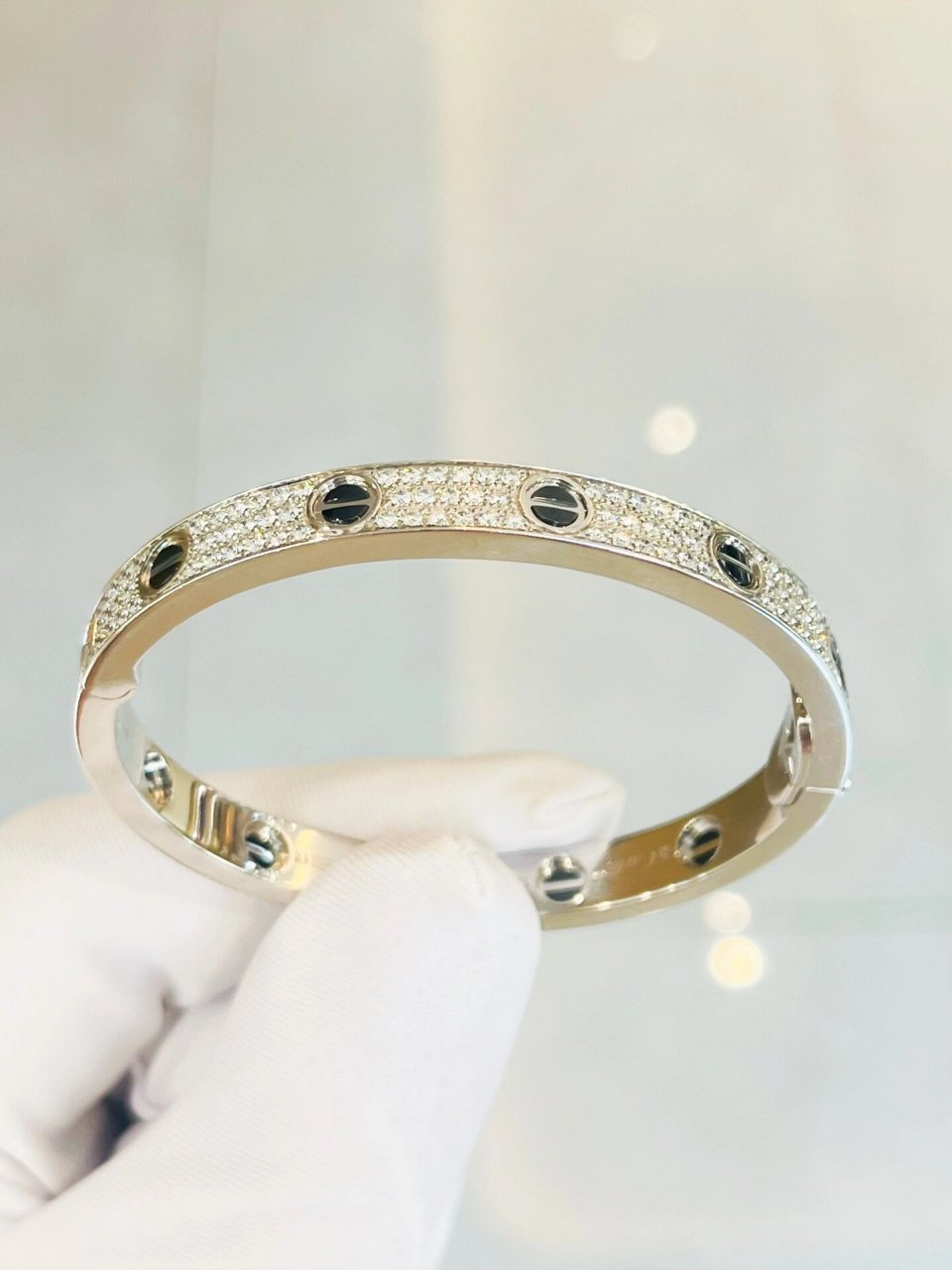 卡地亚白金黑陶瓷满天星手镯16号 全新闲置卡地亚love系列宽版白金黑