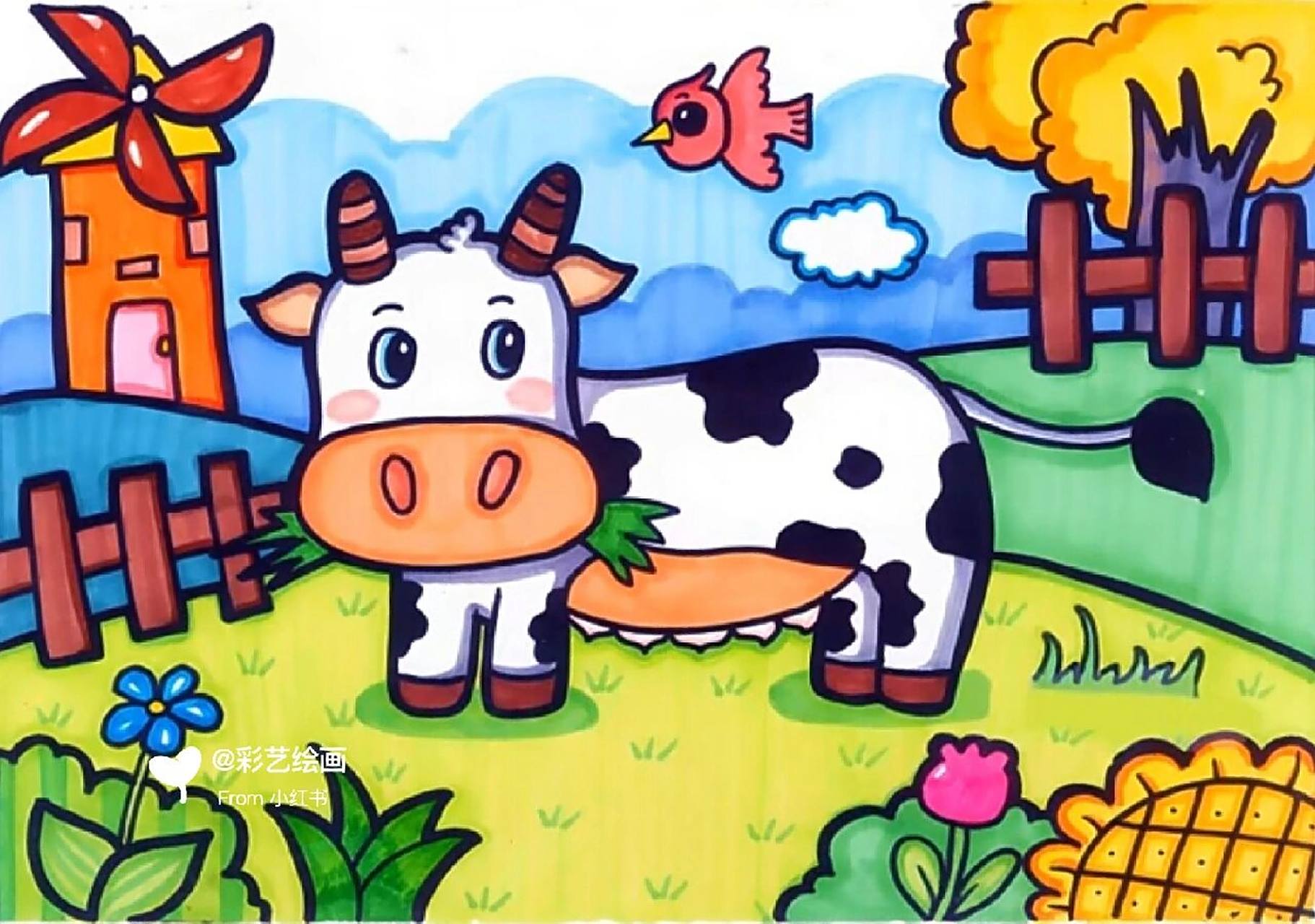 儿童创意画 小牛爱吃草