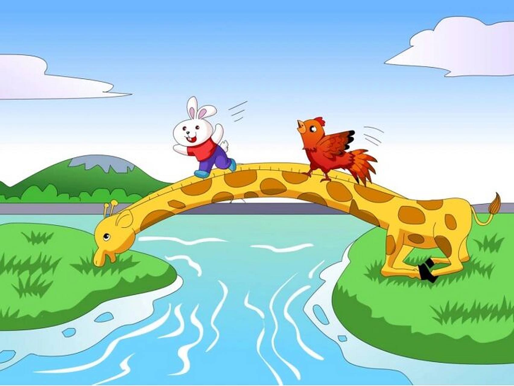 一二年级看图写话《小白兔过河》  一天上午,刚下过大雨,小河里涨水了