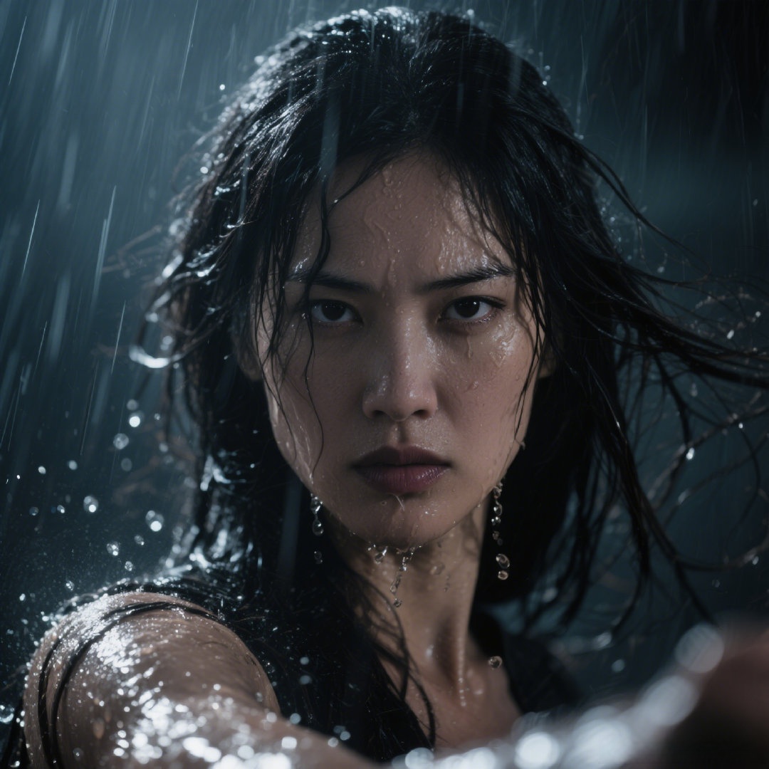 《黑客帝国》雨中打斗场景氛围呈现坚毅女性面部近景,她在暴雨中眼神
