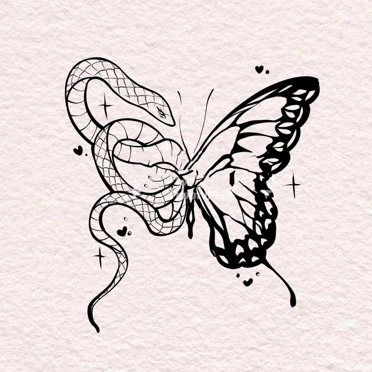 蝴蝶与蛇03 客稿 一半蝴蝶一半蛇纹身手稿 蛇纹身 蝴蝶纹身
