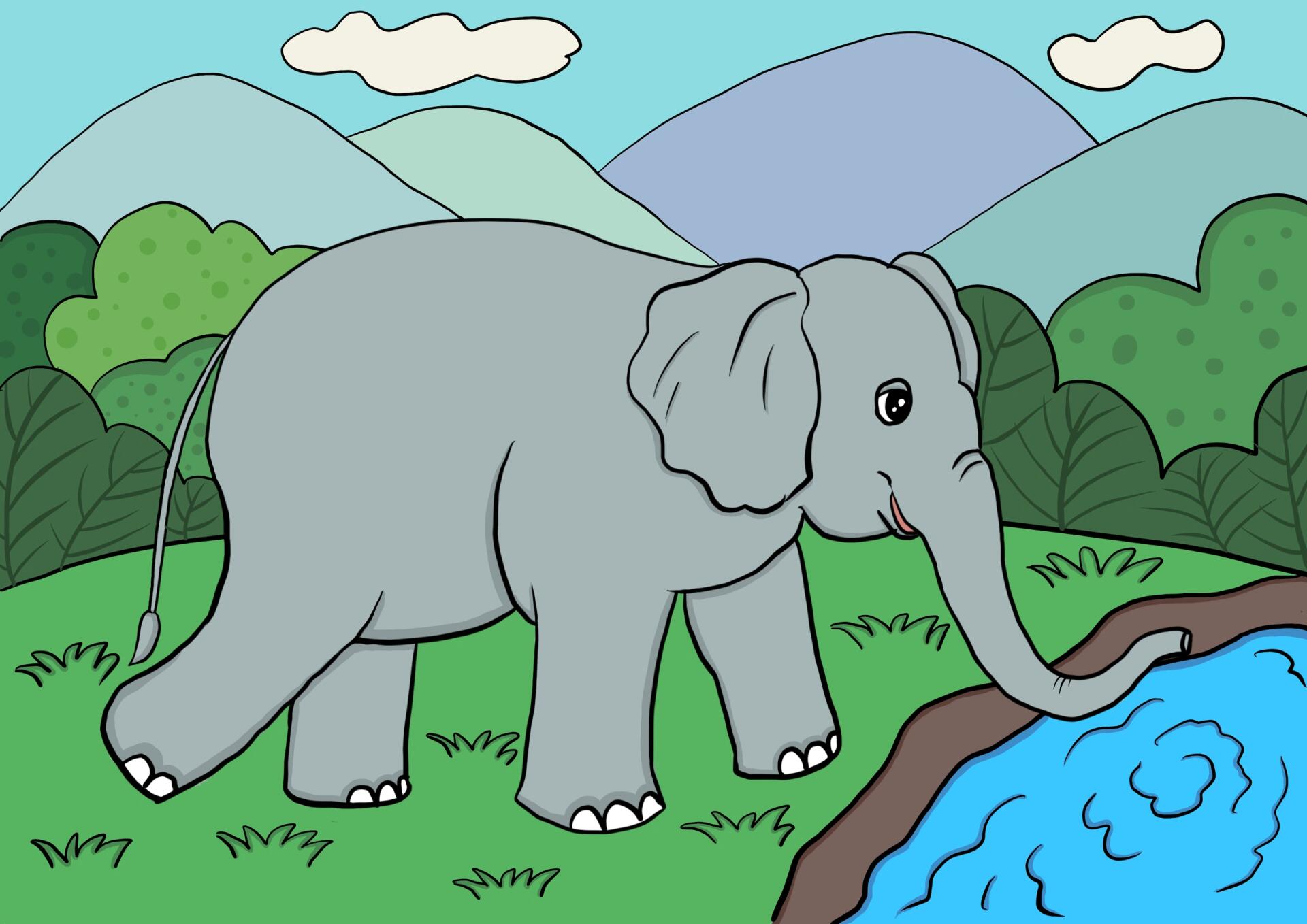 少儿创意美术/儿童画 大象喝水98 上色工具:马克笔 适合5-7岁的小