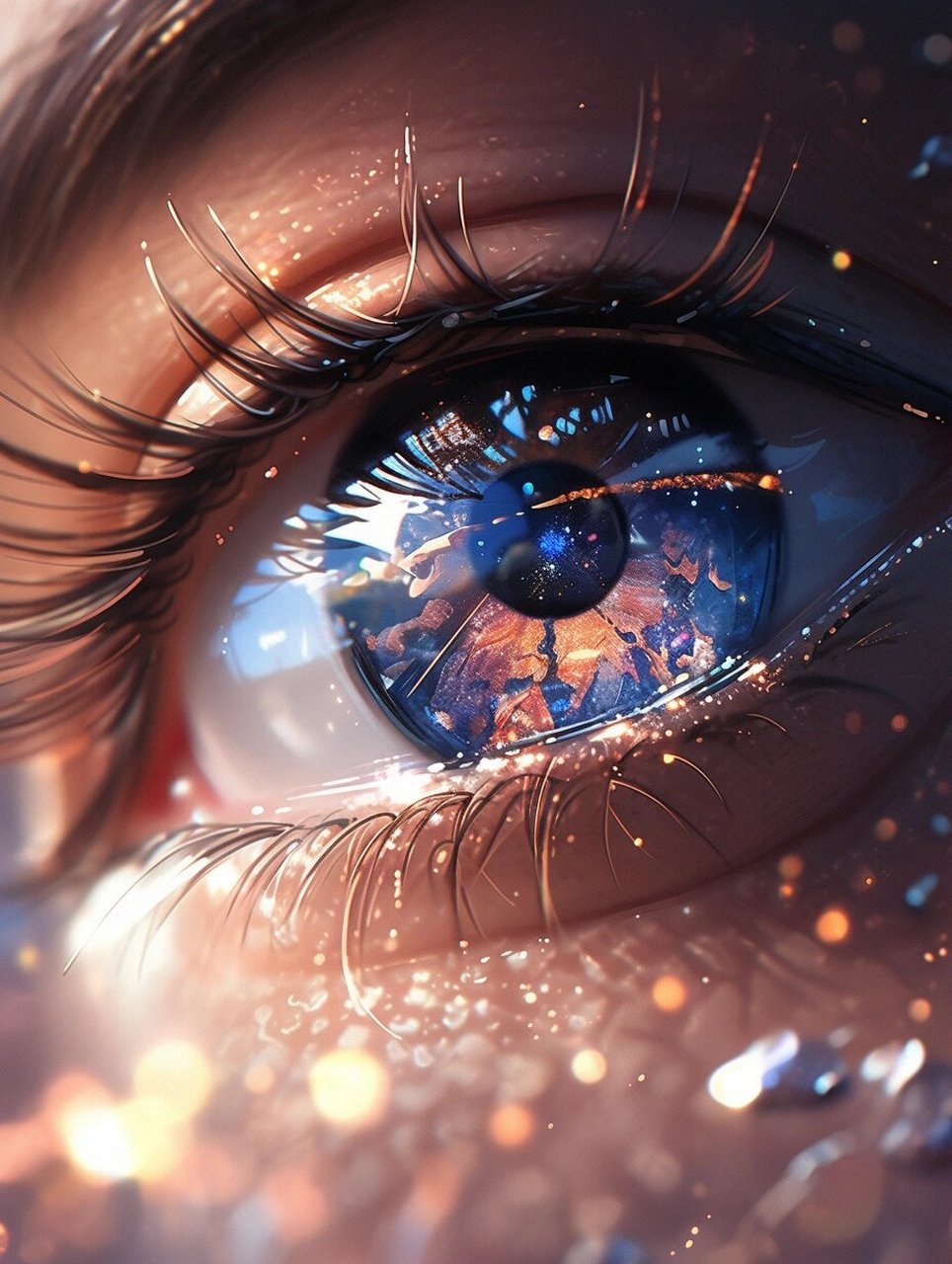 极致的眼部特写,内有银河系的美丽瞳孔,长睫毛上挂着水滴,眼睛周围有