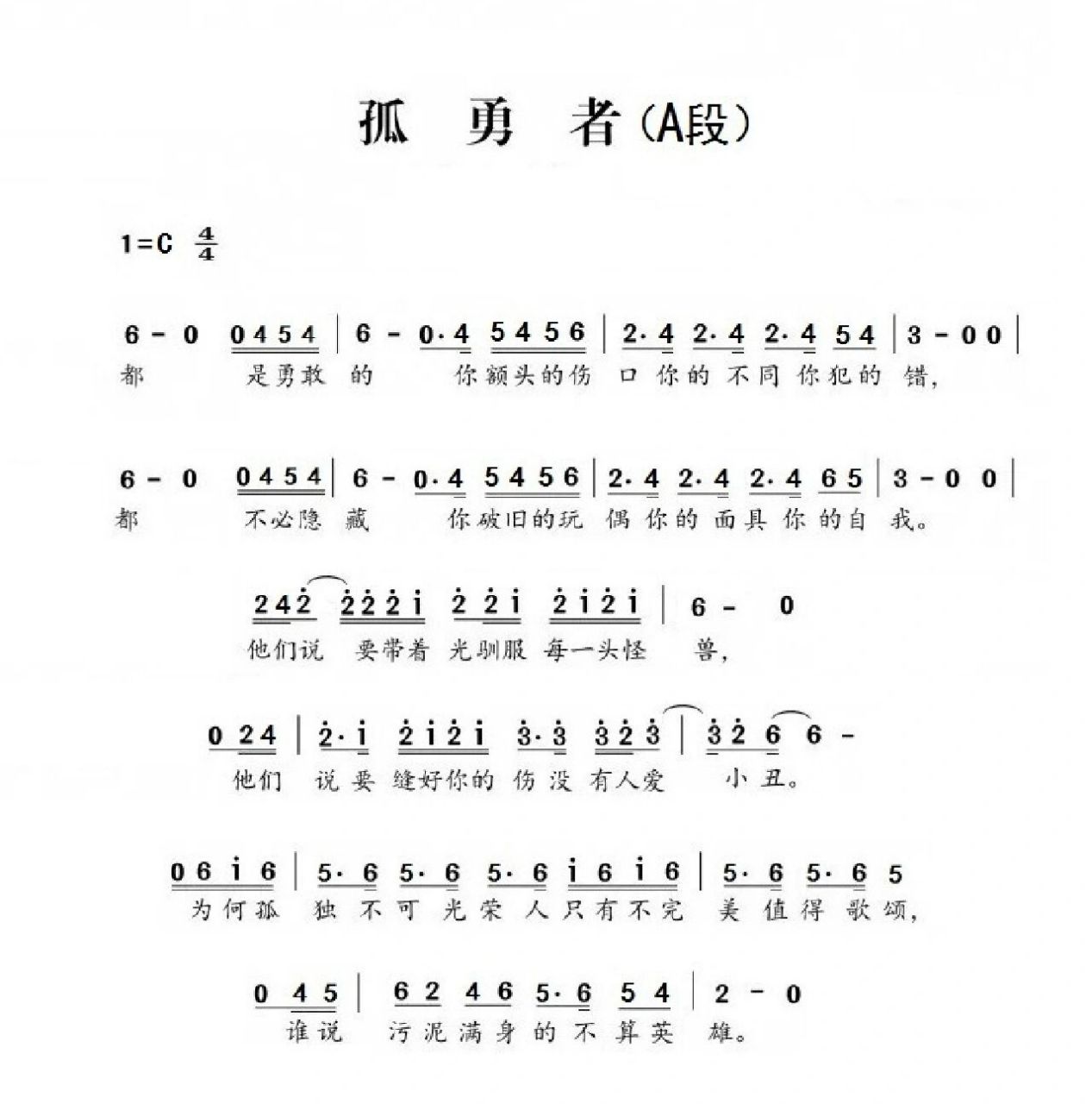 竖笛曲《孤勇者》(简谱)    为了方便初学者练习,分段,分句,并分调记