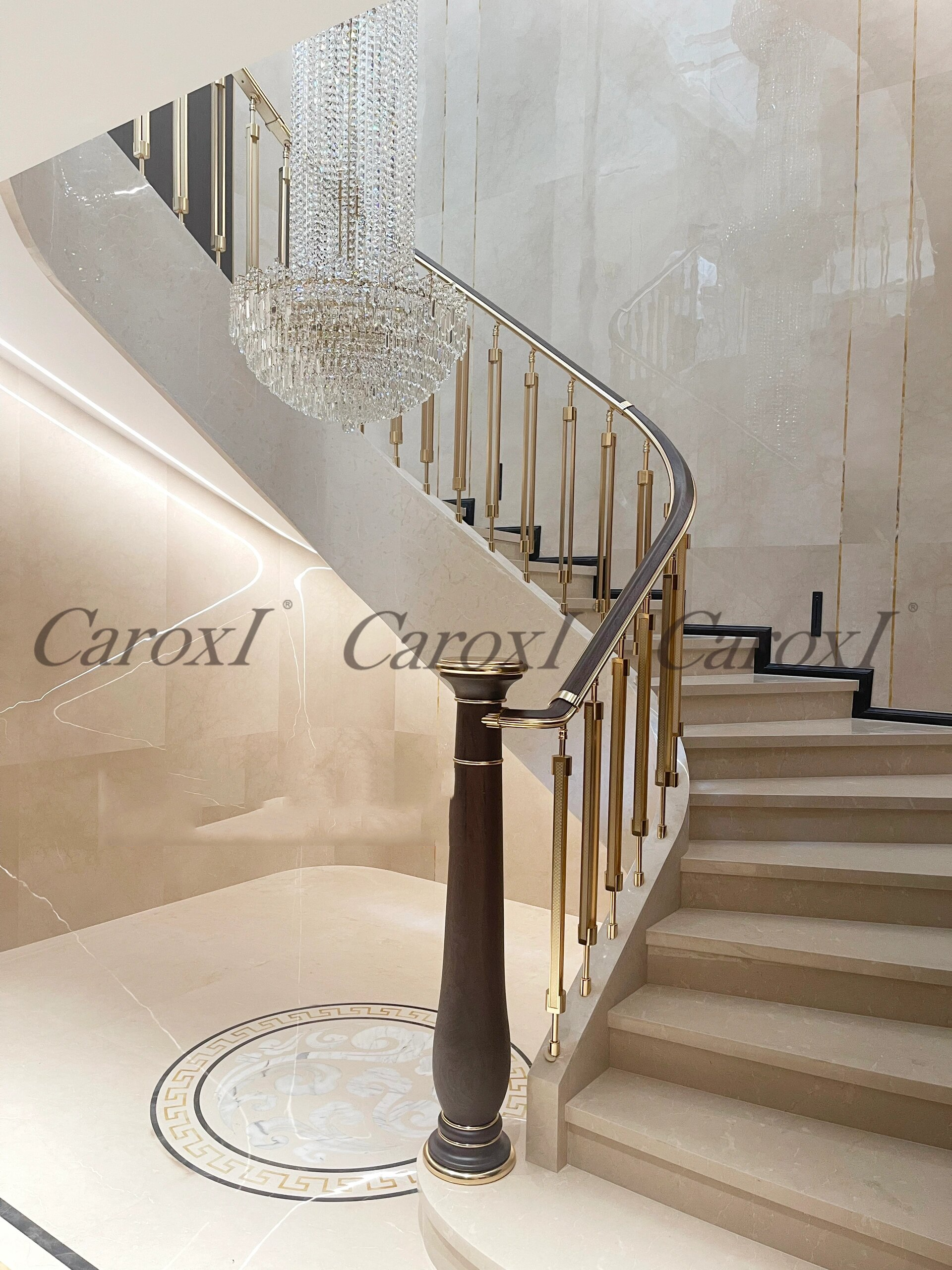 新中式轻奢现代金属旋转楼梯栏杆扶手设计