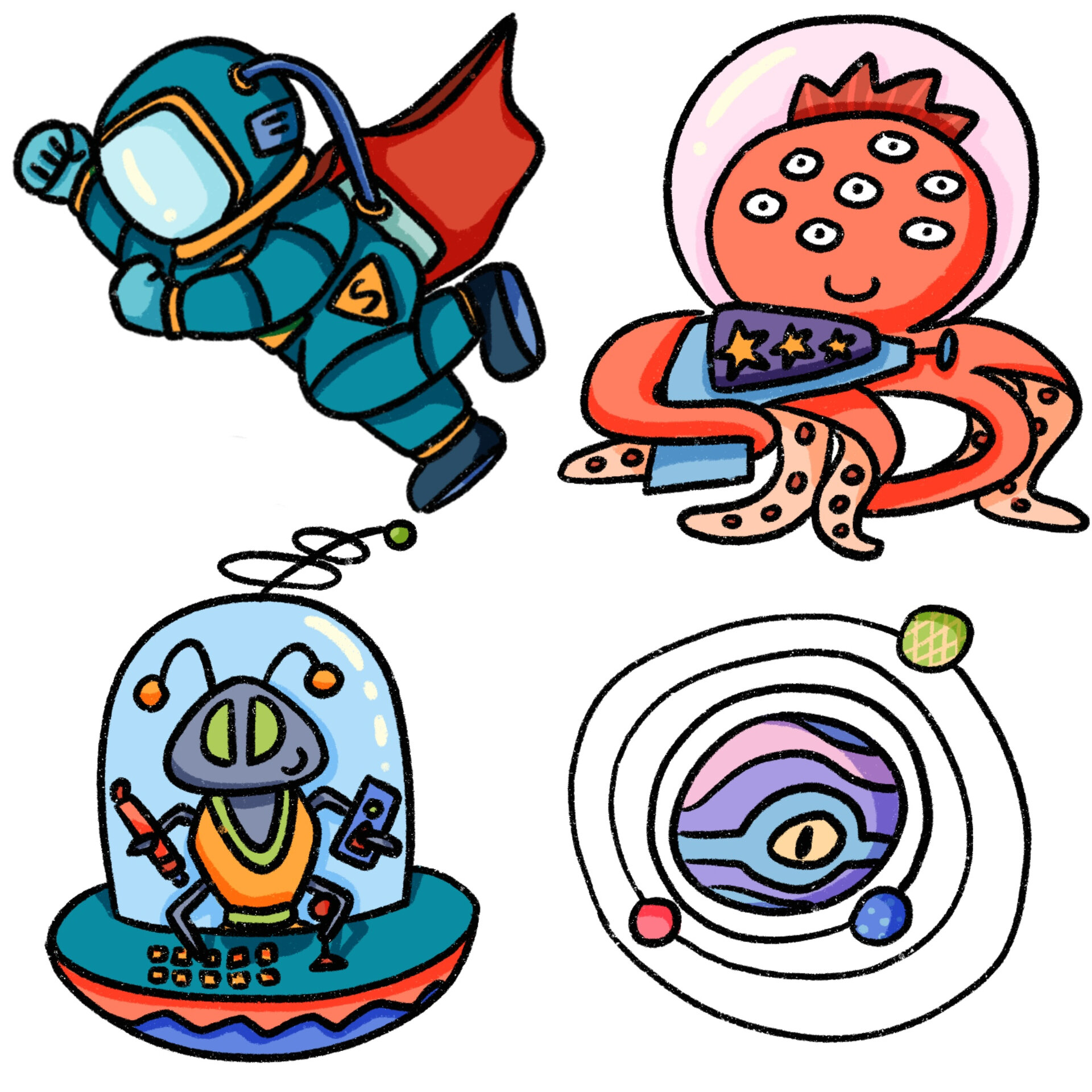 太空简笔画|外星人宇航员太空星球画画素材