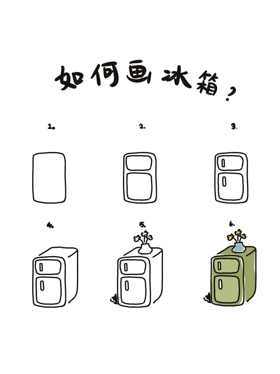 95手绘教程|如何画复古小冰箱? 一起来学着画一个复古小冰箱吧.