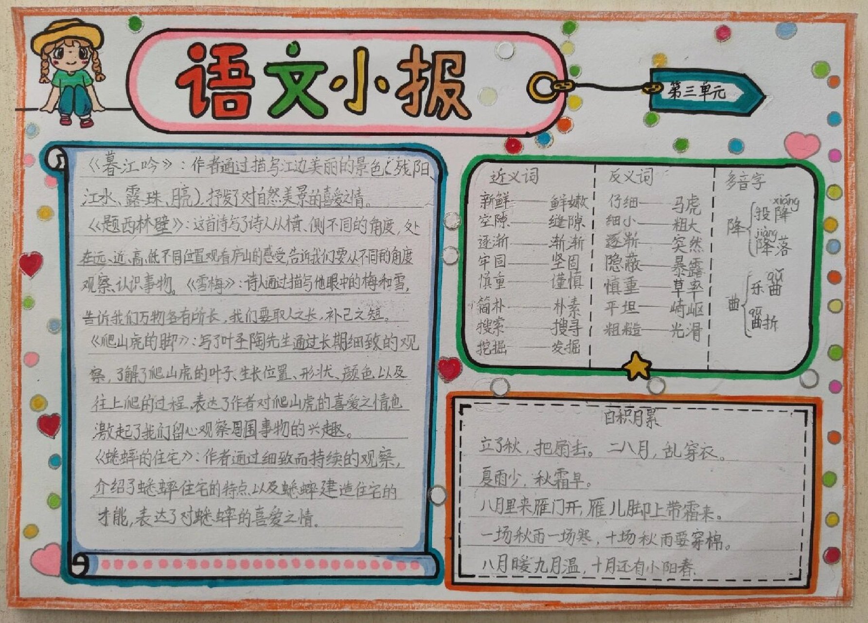 四年级上册语文 第三单元 手抄报 知识点总结