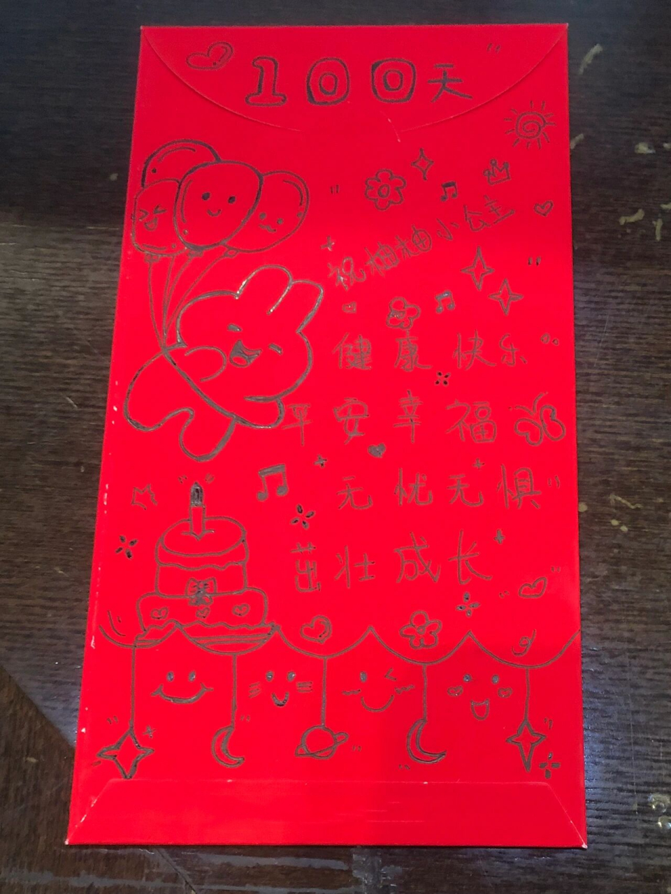 宝宝百天红包这样写05 手写祝福语: 健康快乐 平安幸福 无忧无惧
