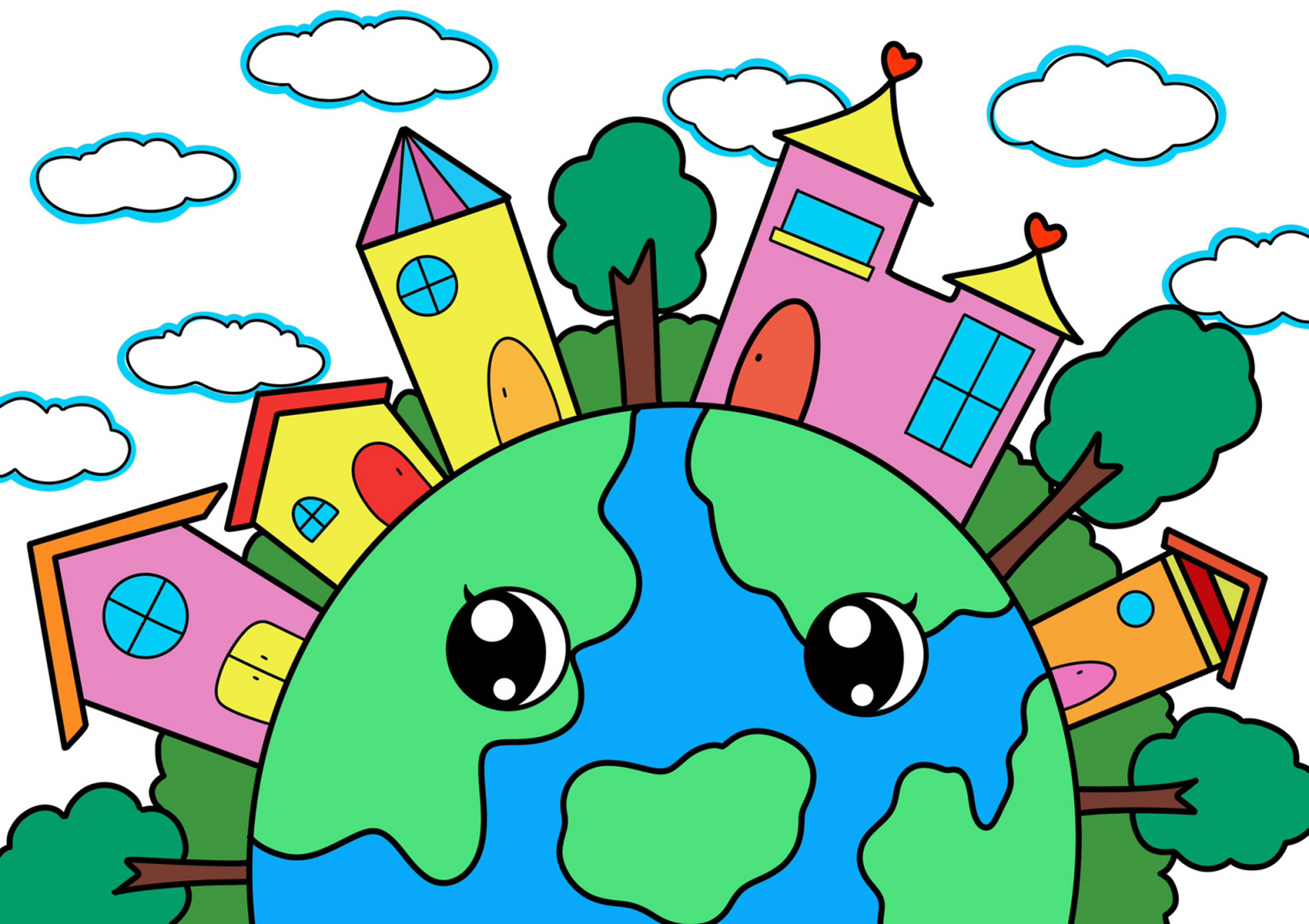 保护地球主题画 地球村儿童创意画 带线稿 #创意美术儿童画# #创意