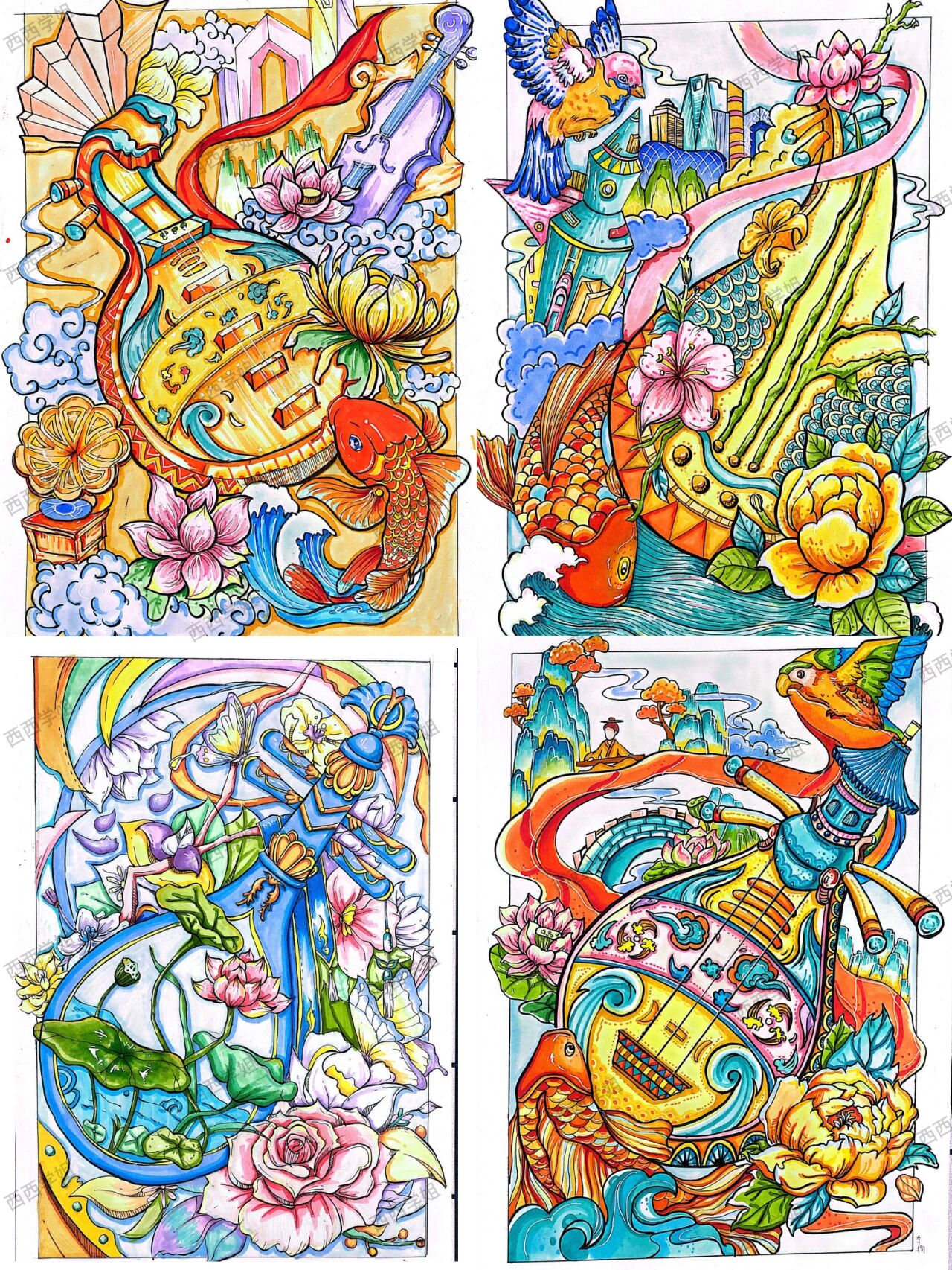 艺术设计考研|彩色装饰画合集 以琵琶,花卉为主题的传统方向的装饰画.