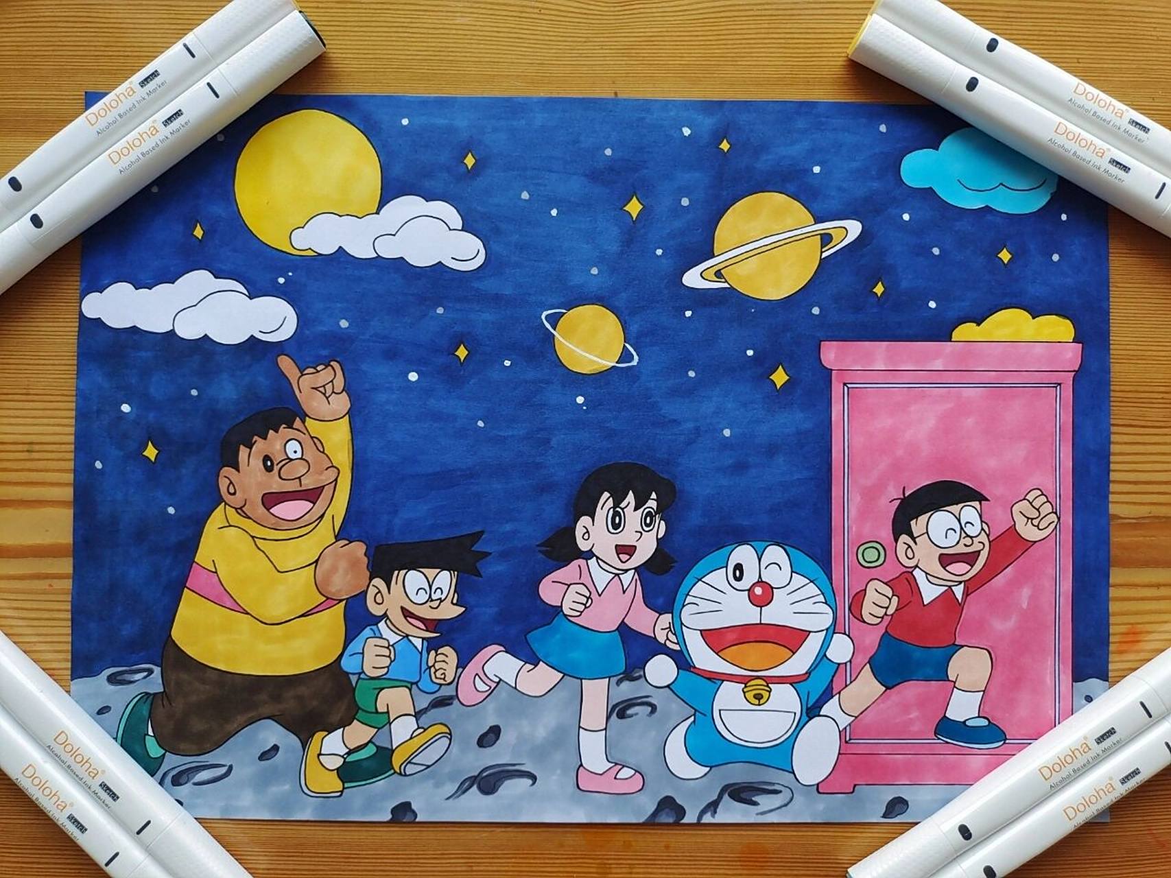 哆啦a梦场景手绘(附原图) #哆啦a梦# 哆啦a梦场景手绘,最后一张原图