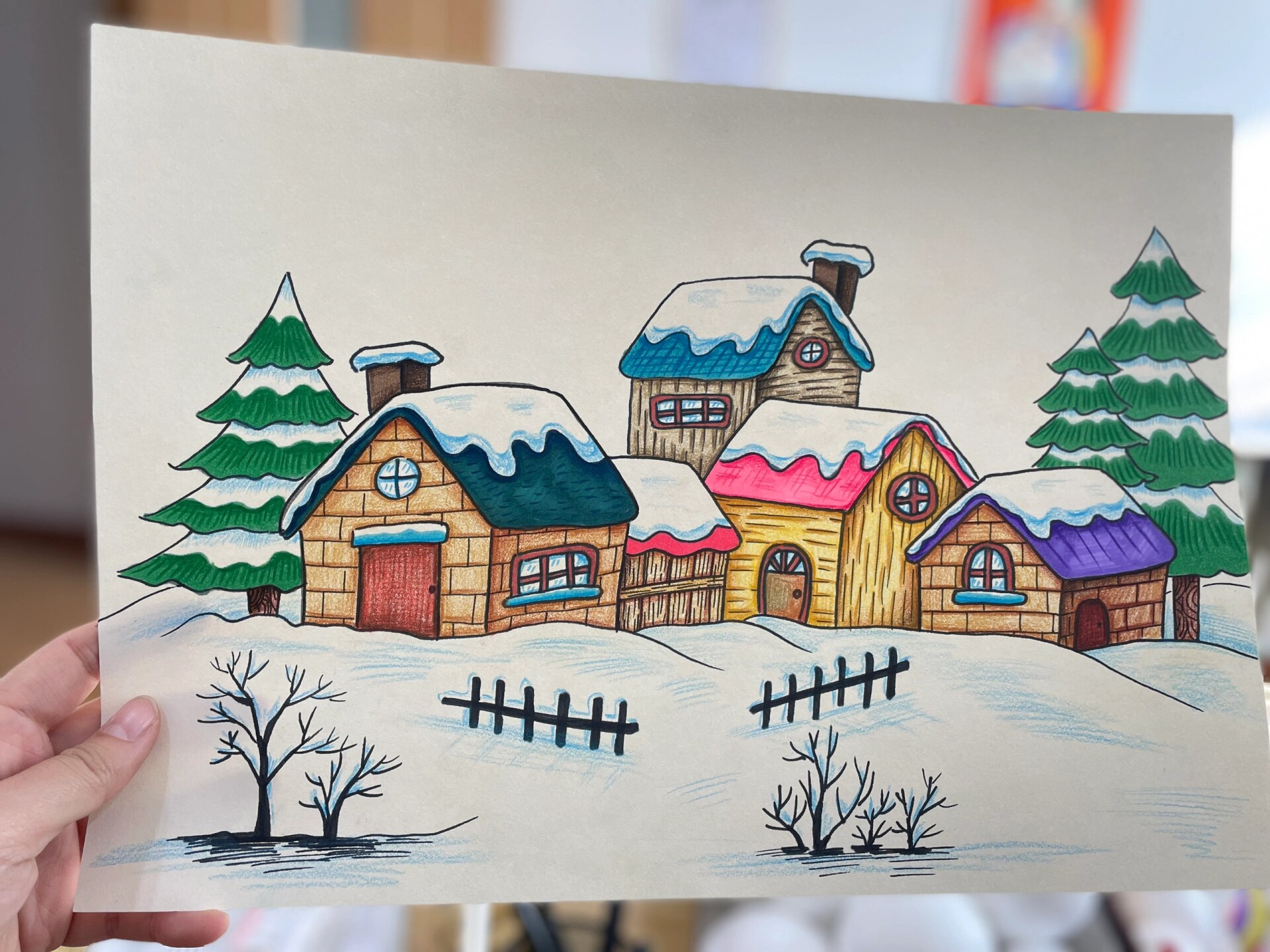 冬天的画6-9岁美术彩铅下雪啦