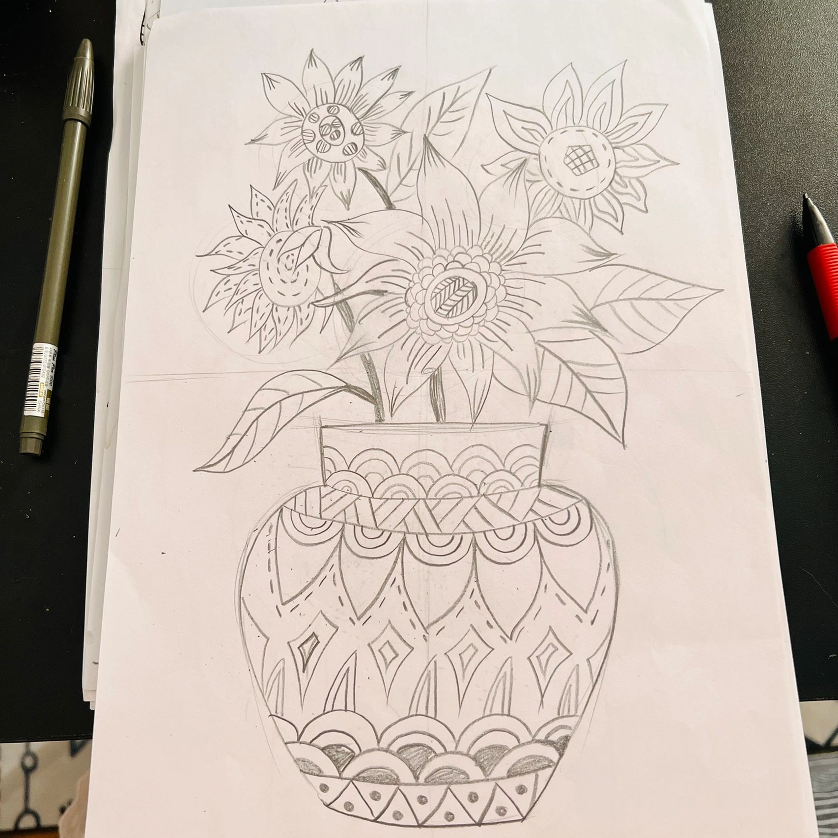 线描 花 向日葵 郁金香 花瓶简笔画