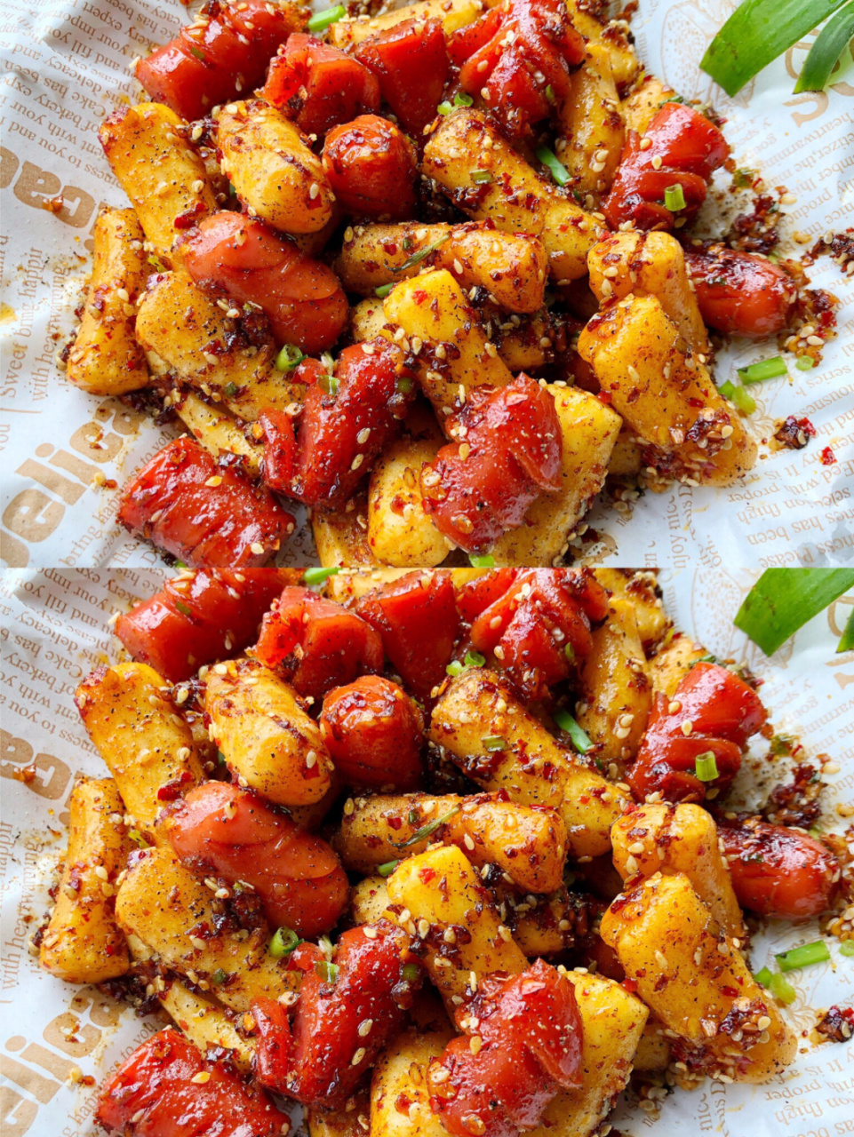 【食材】火腿肠,年糕,孜然粉,辣椒面,蒜末,白芝麻