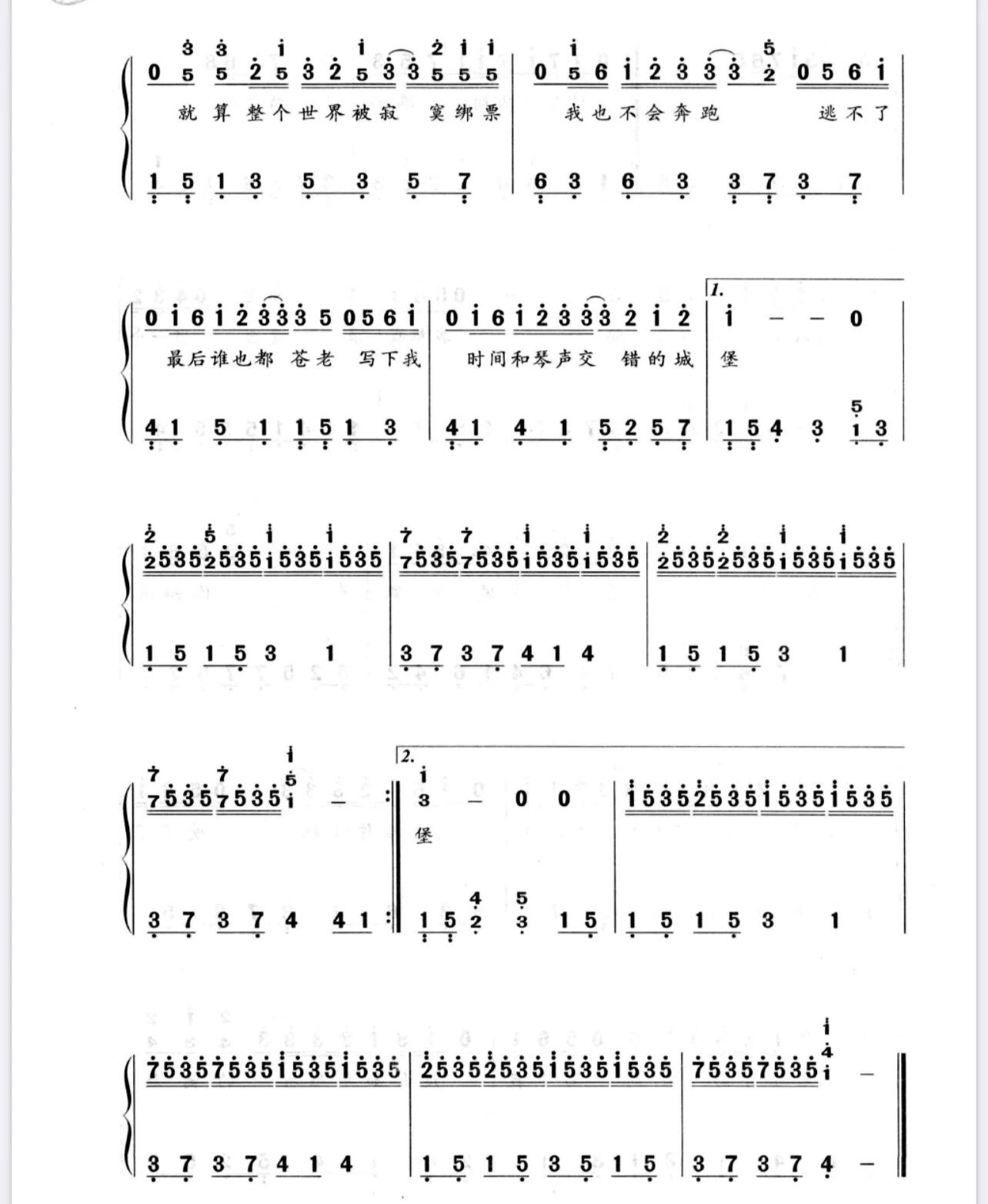 小情歌钢琴谱数字图片