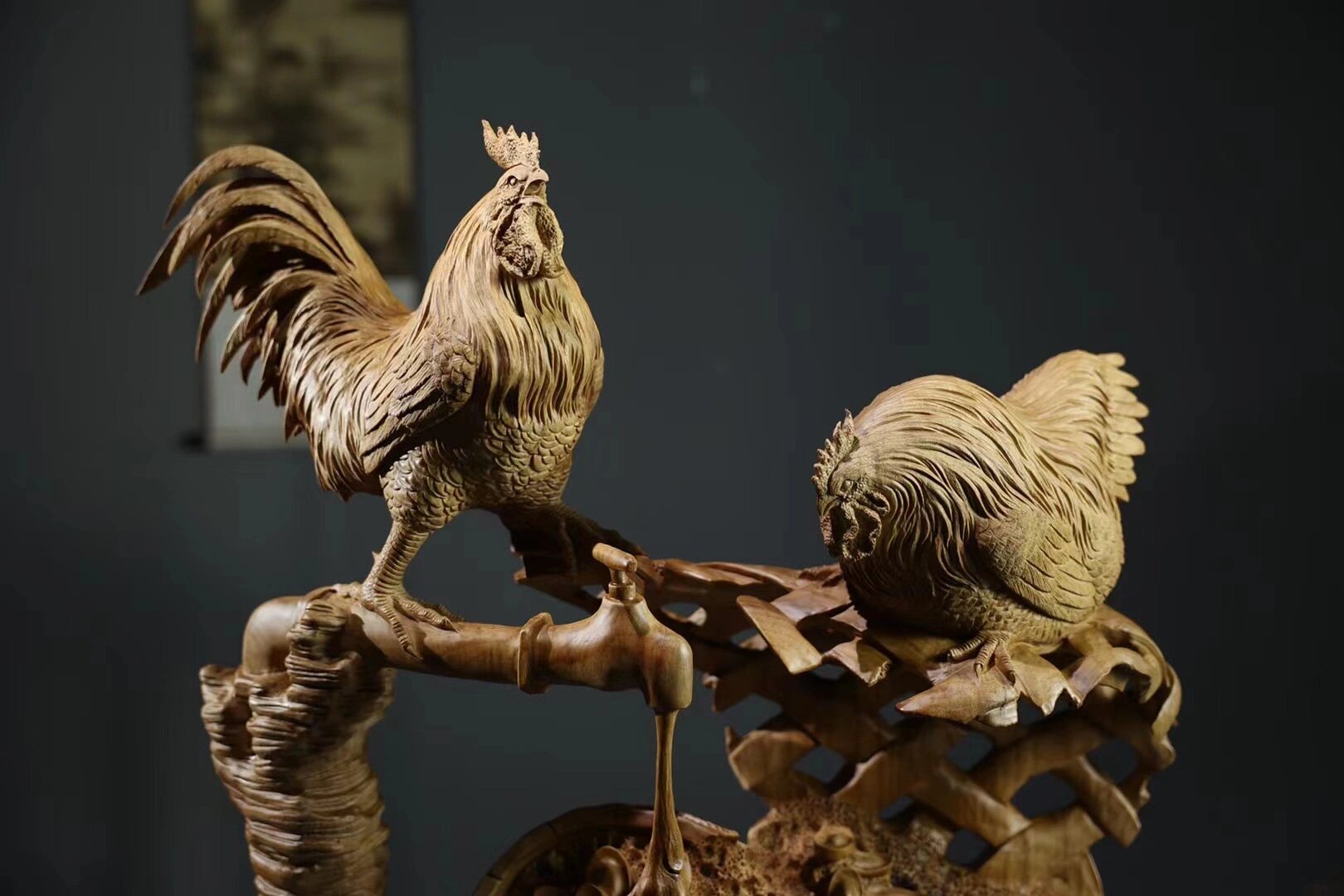 木雕招财鸡根雕全家福工艺品家居摆件