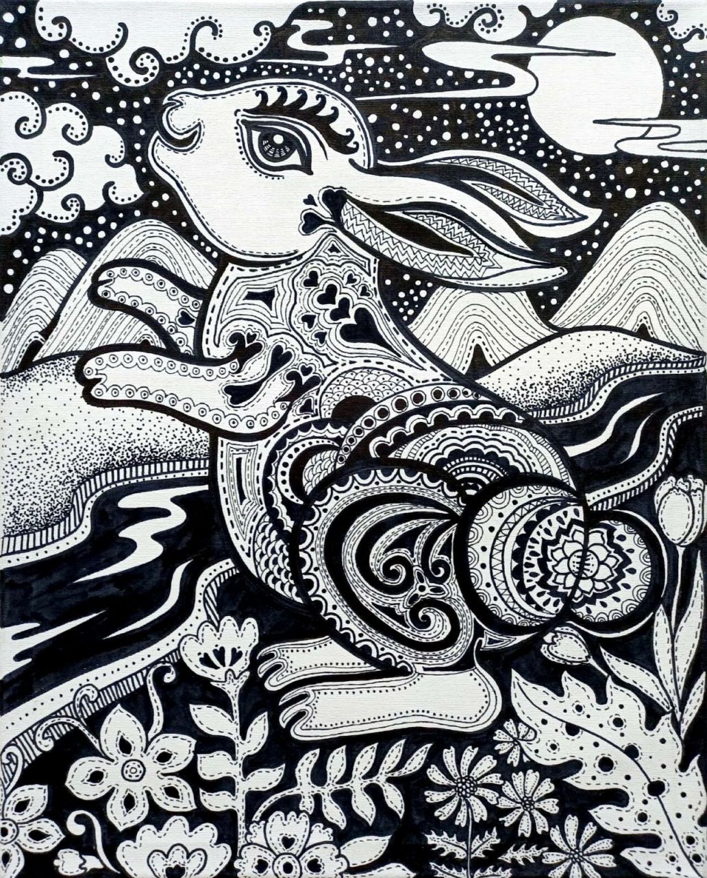 黑白装饰画——兔子 好久没更新啦,今天画了一个兔子(过年后的第一条)