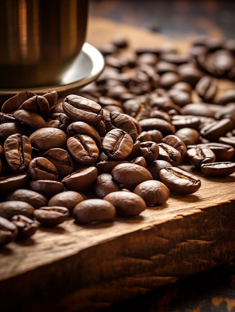 prompt:arrange a small pile of coffee beans on a rustic wooden
