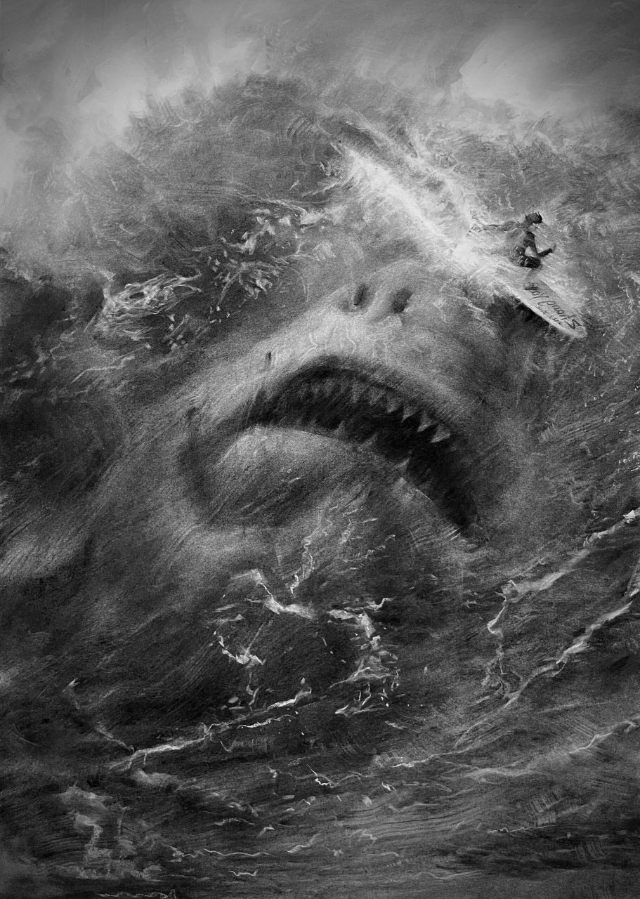 学生说看完巨齿鲨2画了幅素描 徒弟画的素描巨齿鲨很震撼,她说她画着