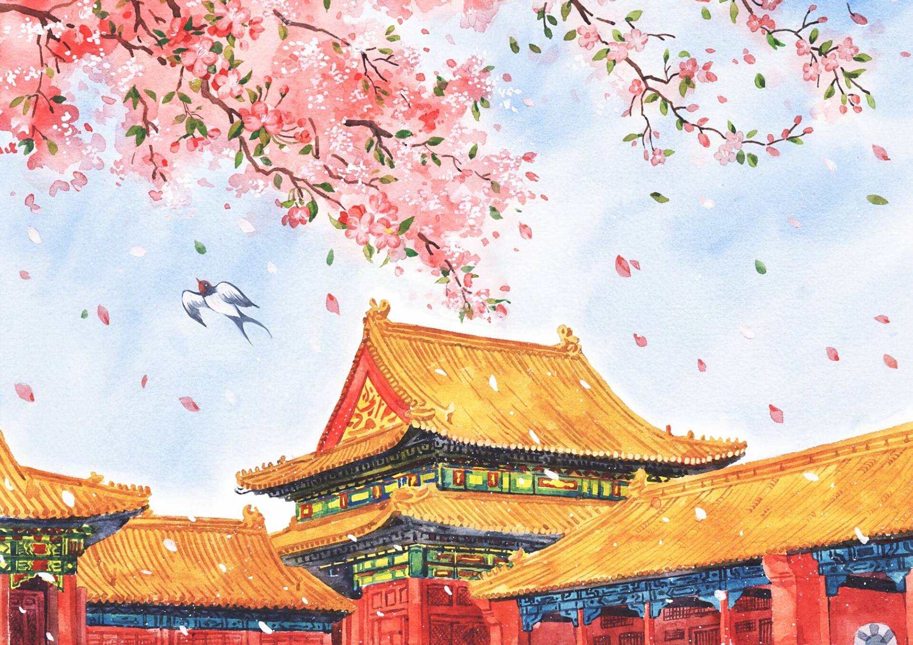 《故宫·春》水彩手绘插画
