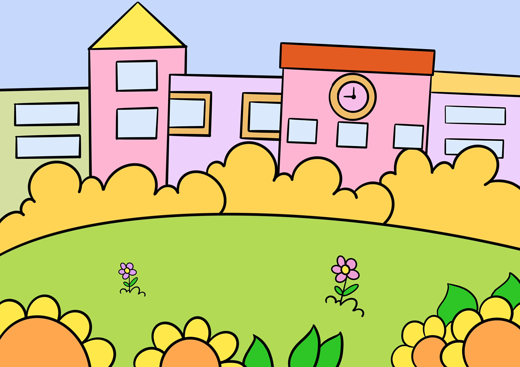 学校场景画 学校万能背景儿童画