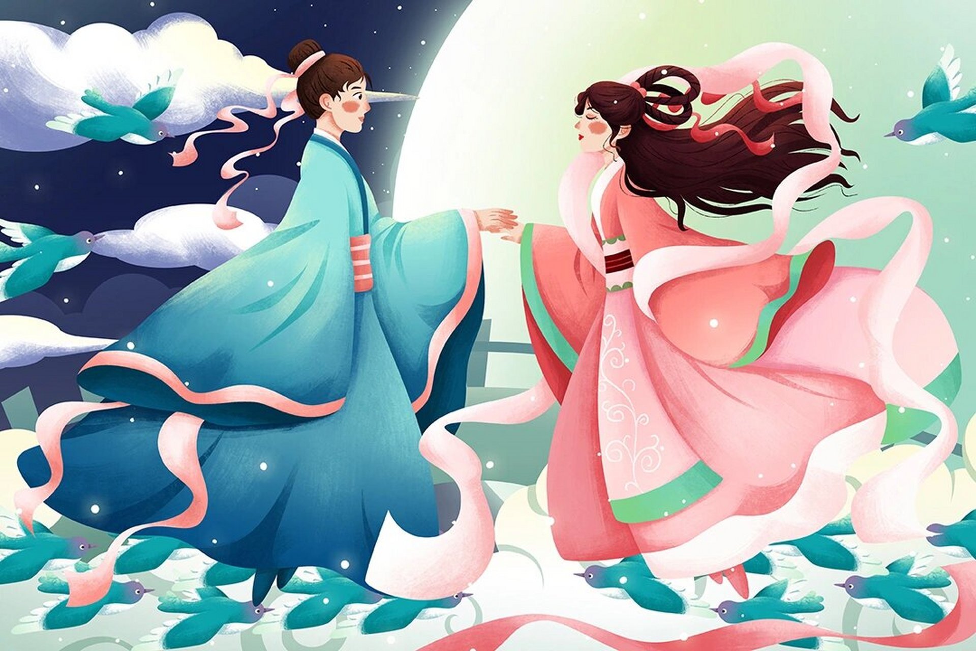 古风插画 i 牛郎织女七夕相会,爱意绵绵 七夕牛郎织女,鹊桥相会,爱意