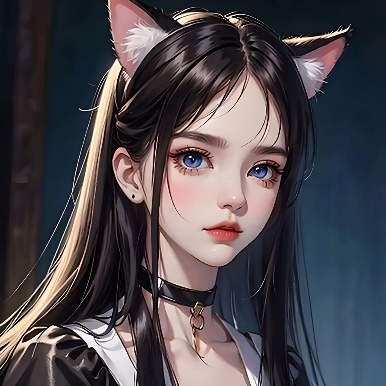 蓝眼猫耳黑发女孩头像