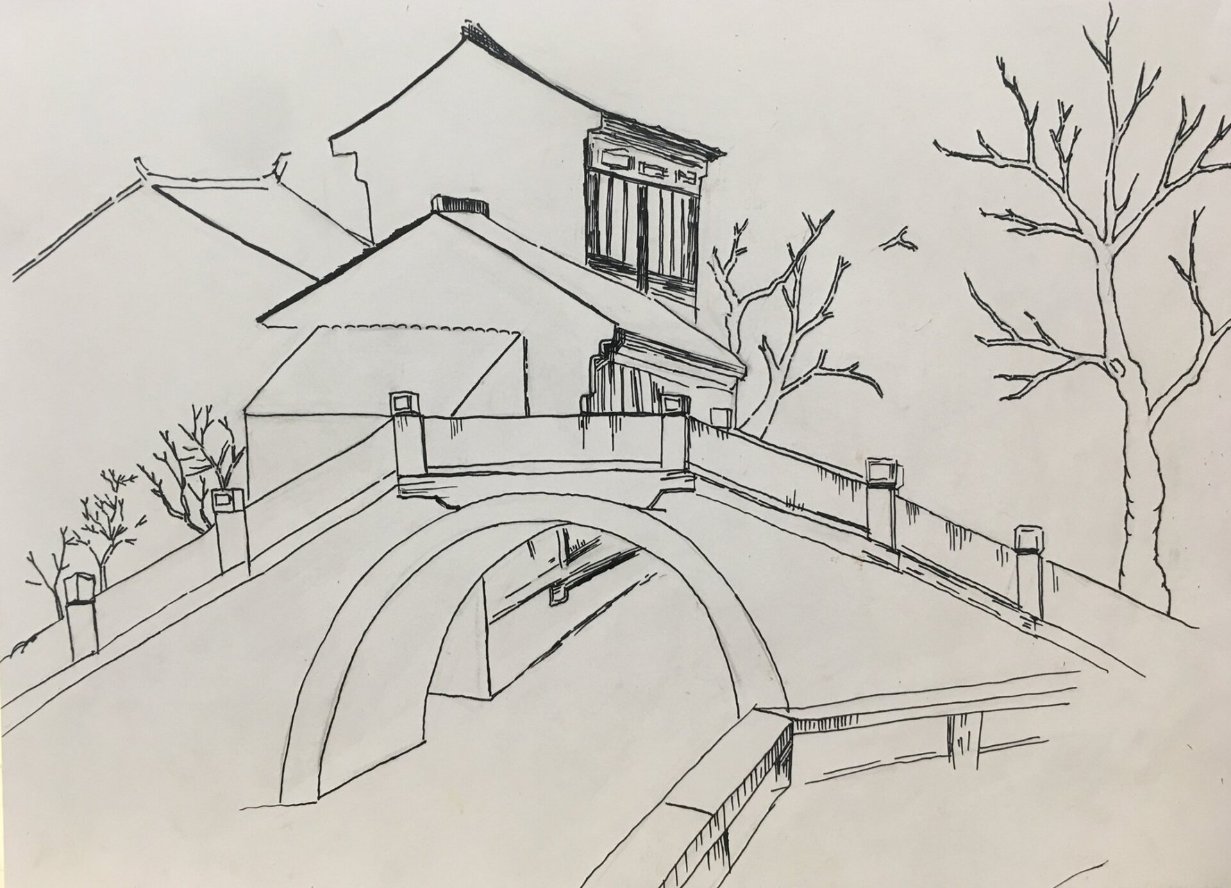 建筑速写江南水乡 完成了百分之八十拍的作品哟 后面还加了叶子95