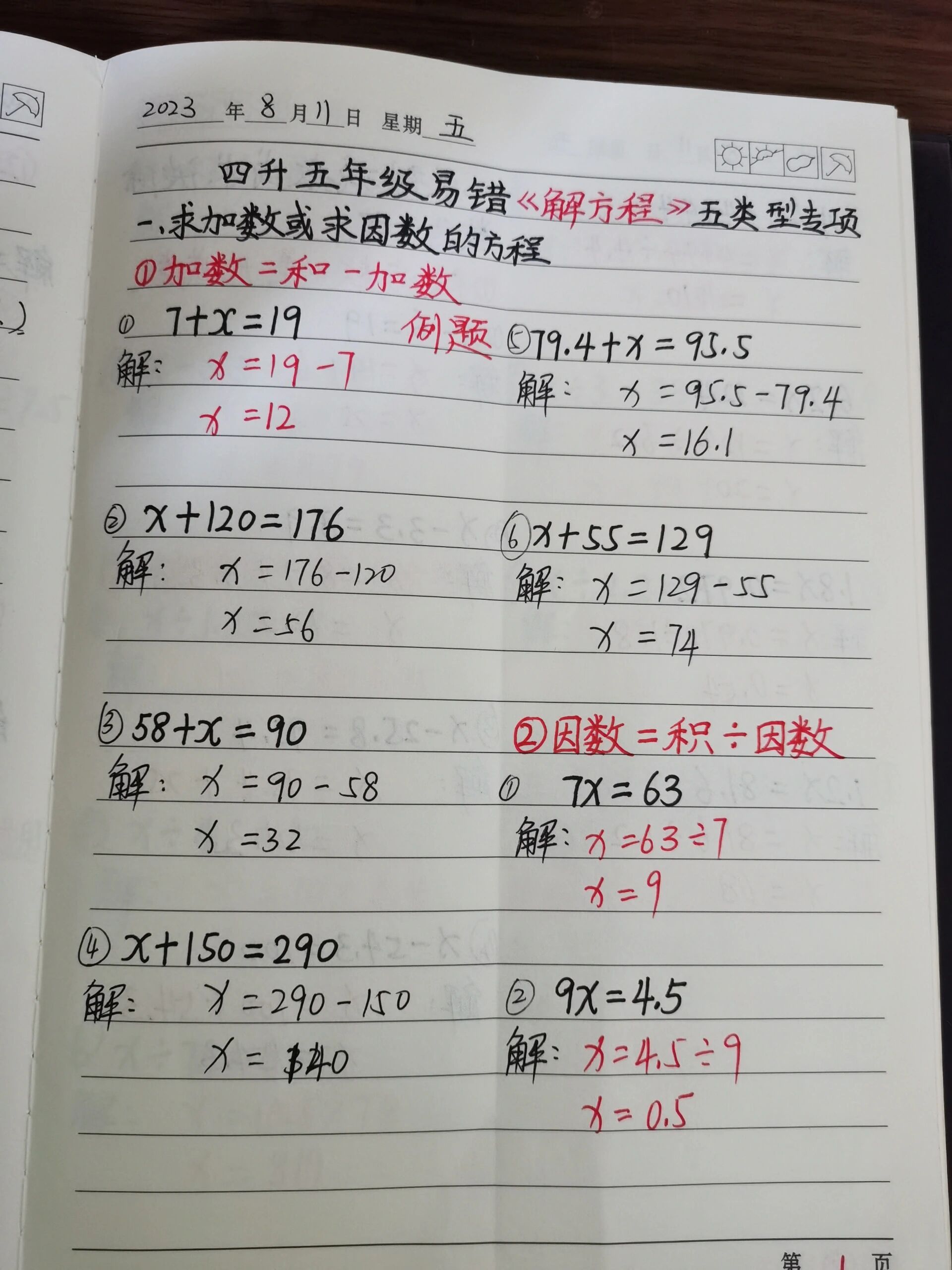 四年级下册解方程五大类