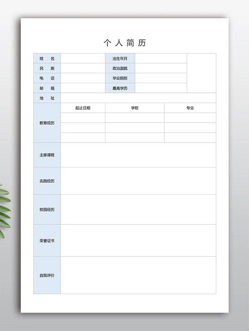 空白个人简历模板表格  手机,电脑都可以编辑填写 大学生版,职场人版