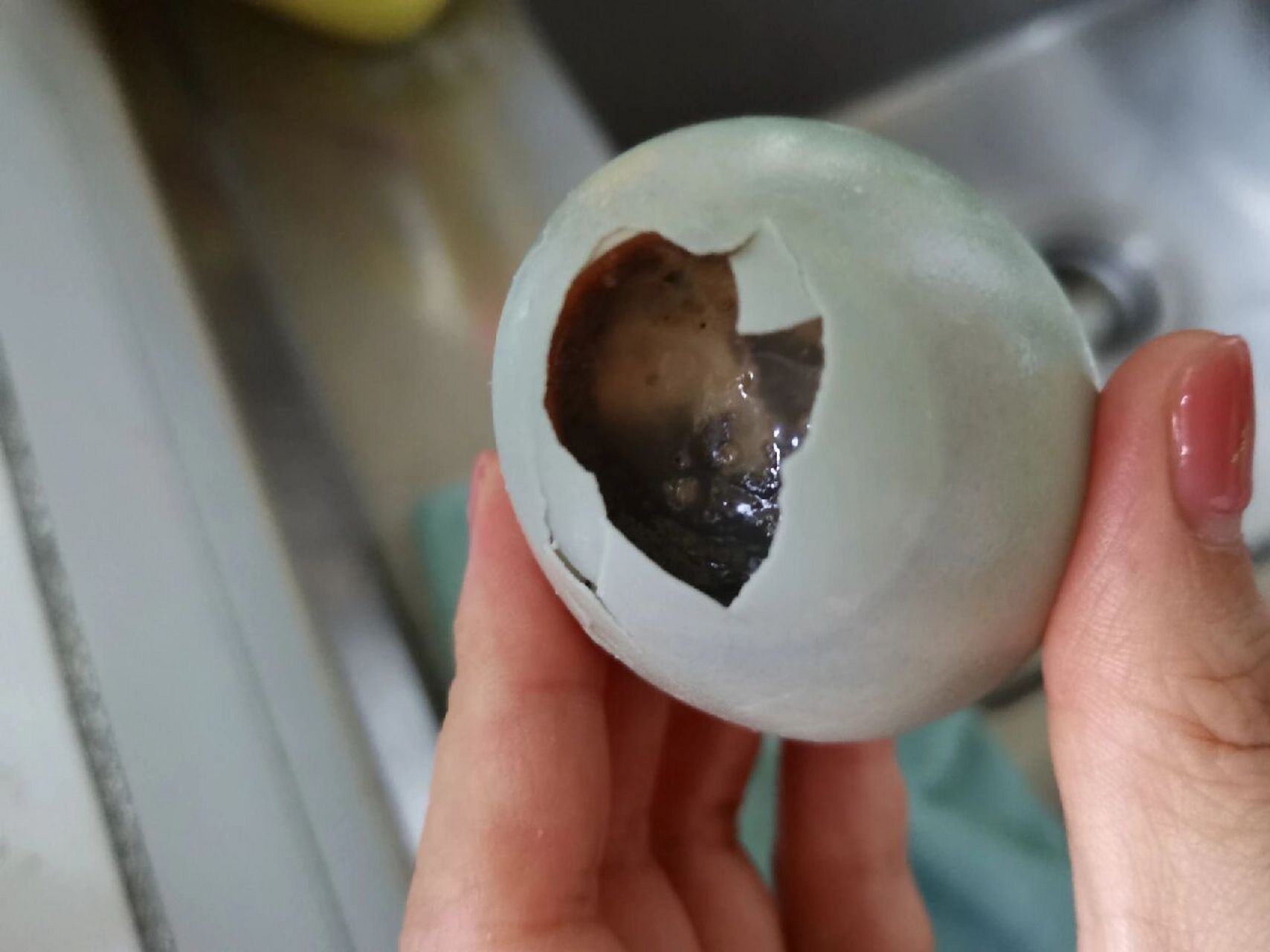 原来坏了的咸鸭蛋真的能把人臭晕啊 冰箱里放了几个不知道多久的咸