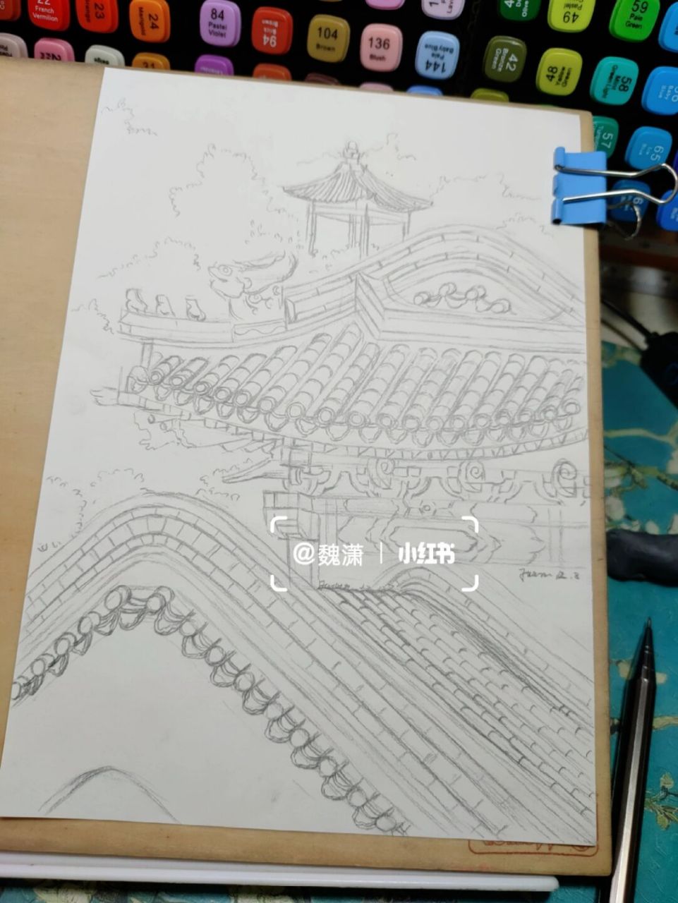 马克笔风景画《国风建筑～屋檐》 #马克笔画# #风景画# #马克笔风景画