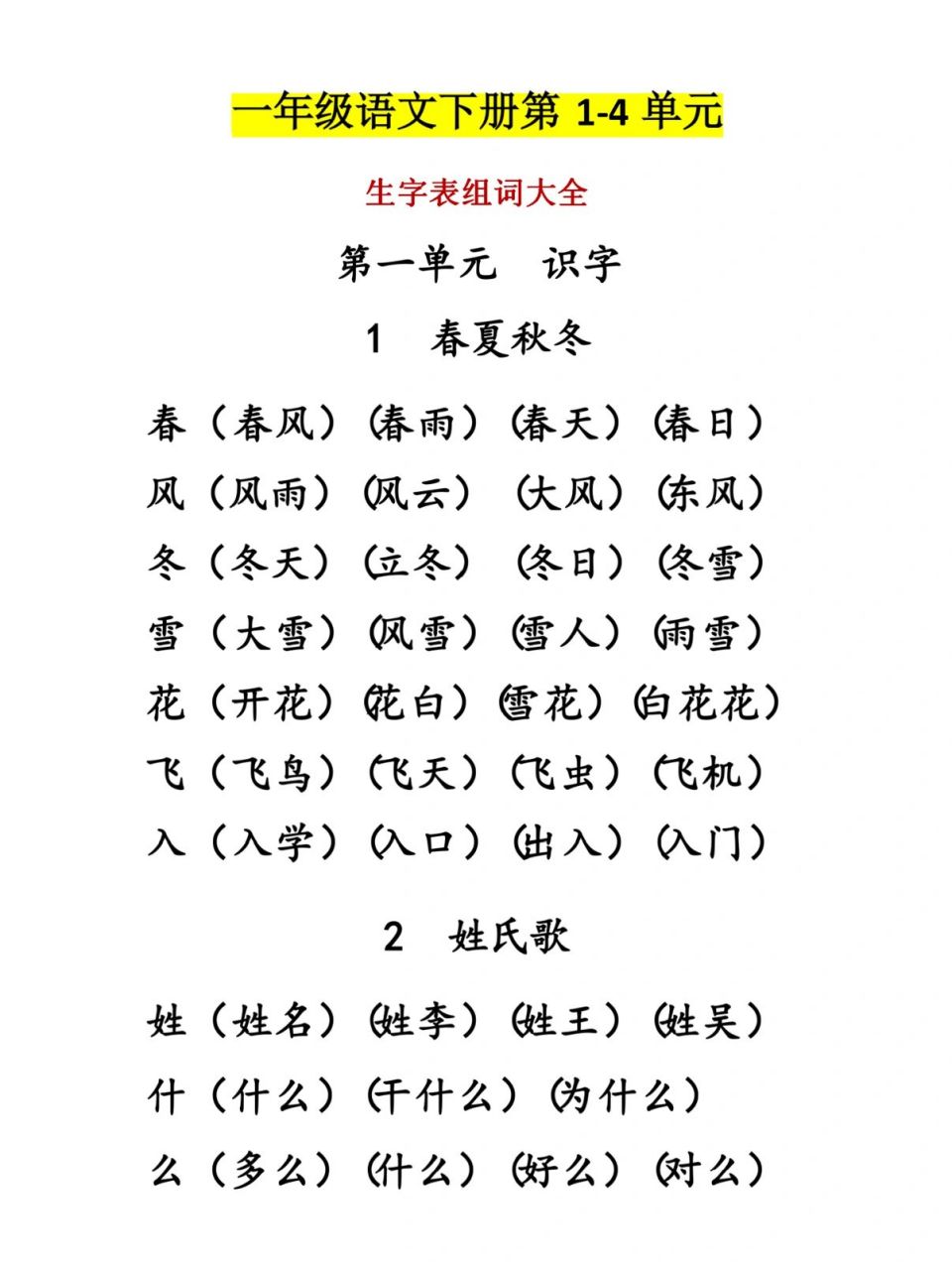 一年级语文下册生字组词,1-4单元 新学期开始了,低年级学好语文生字离