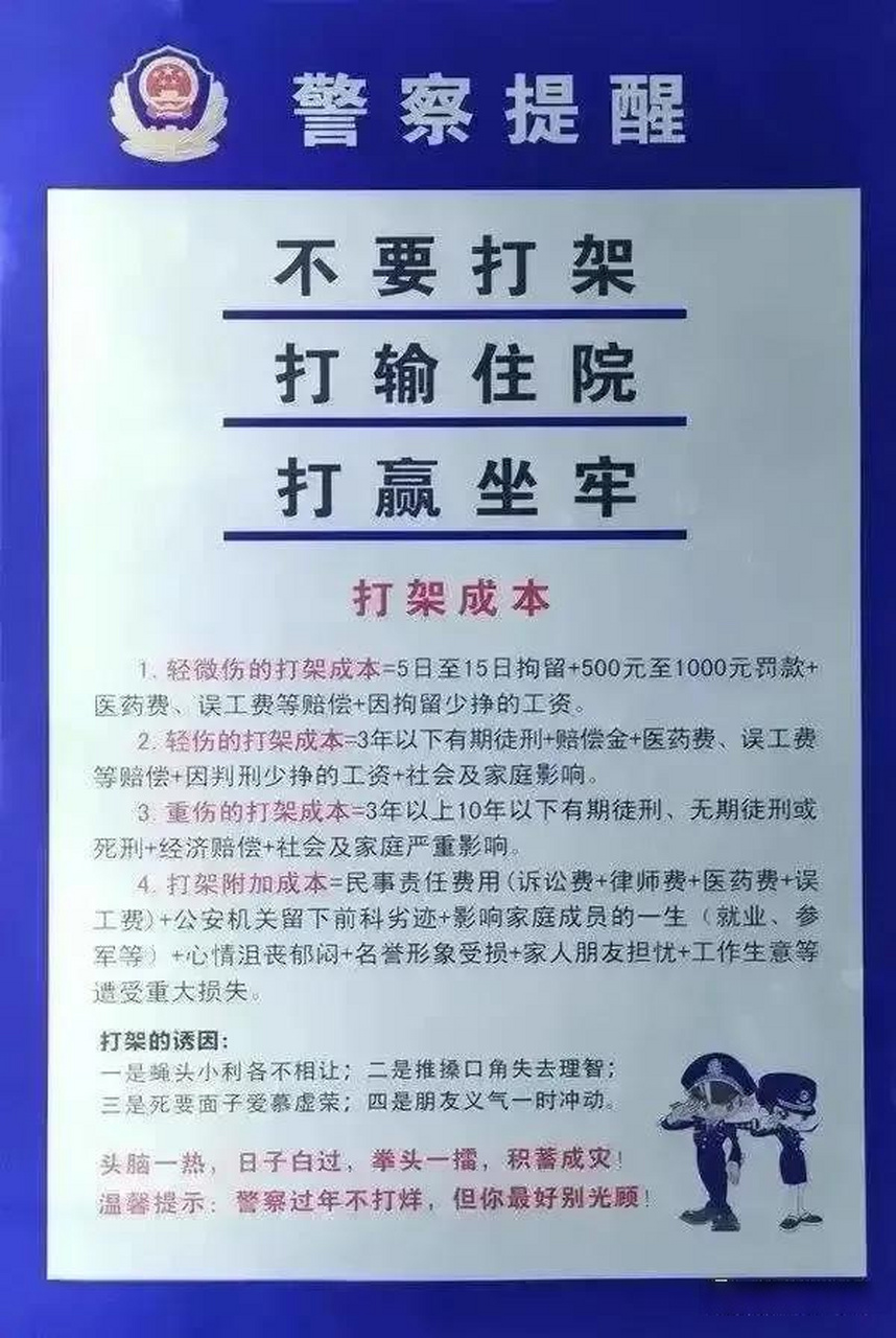 打架成本 1,轻微伤的打架成本=5日至15日拘留 500元至1000元罚款