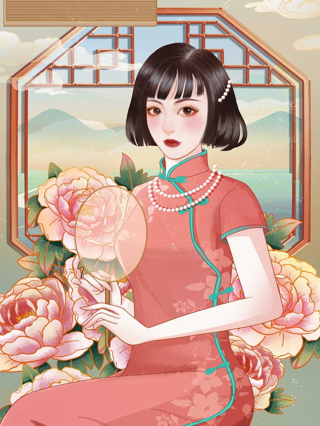 免扣元素|民国旗袍少女卡通国潮人物女孩