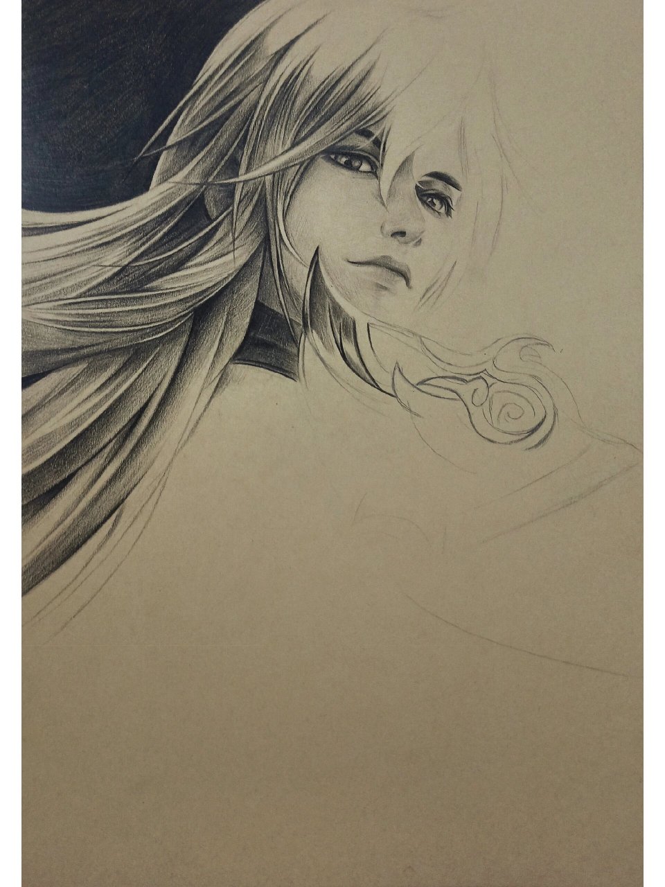 手绘素描王者荣耀李白 凤求凰 黑色彩铅素描画王者 李白