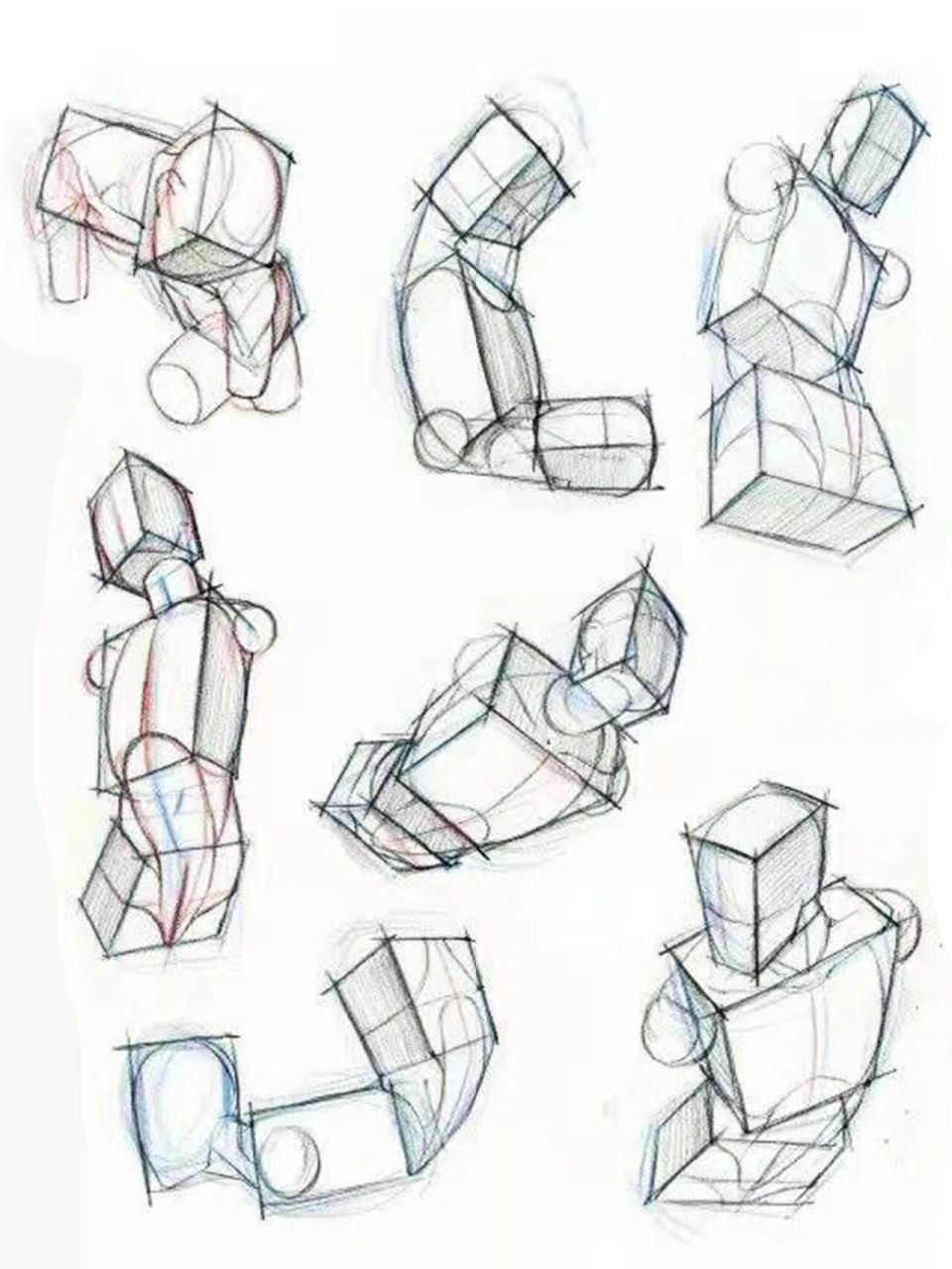 绘画打卡|画画素材分享|人体几何体块练习 图1是我自己的临摹,后面是