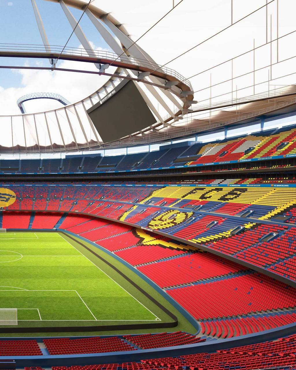 来看看巴萨俱乐部社媒晒出翻新后诺坎普球场的效果图  目前球场正在