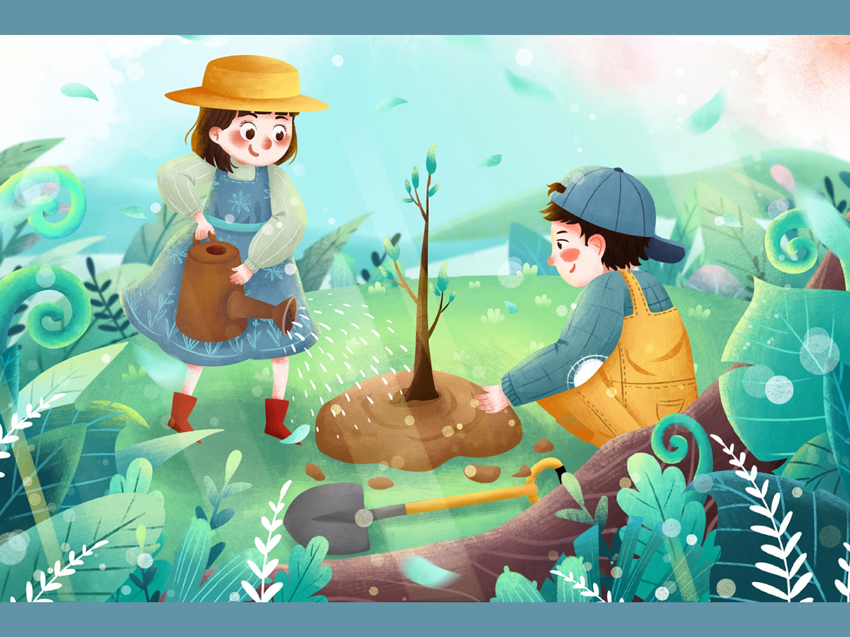 清新植树节孩子们种树|春季环保插画 923.