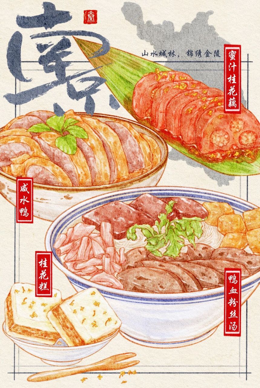 手绘城市美食——南京 手绘城市美食系列第三张之南京 南京鸭血粉丝汤