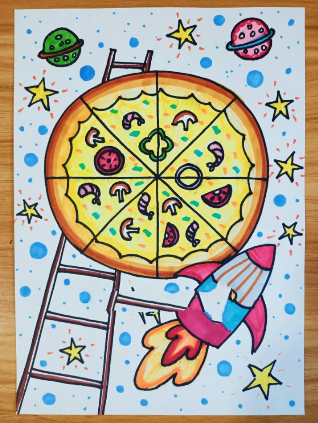 儿童画简笔画创意画美味披萨联想披萨星球