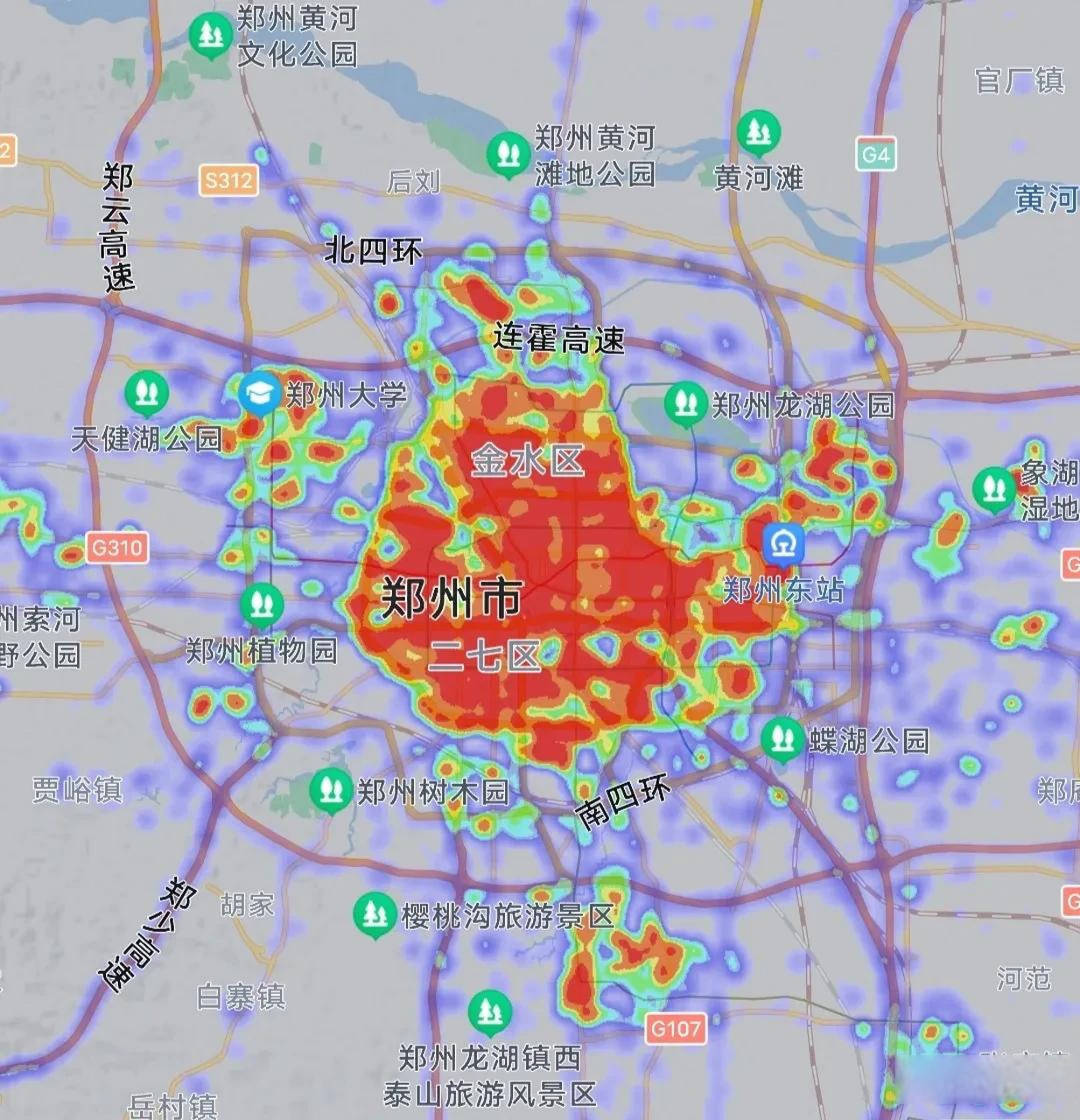 郑州兰州热力图对比,20:05分同比例尺下让我们看看两座城市热力图有