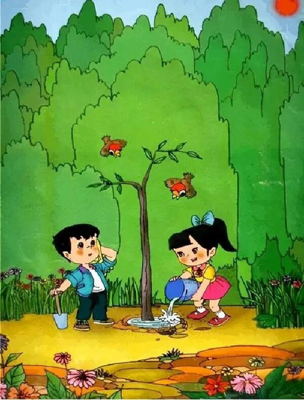 一年级看图写话(5)植树 1.巩固"四要素"开头法. 2.