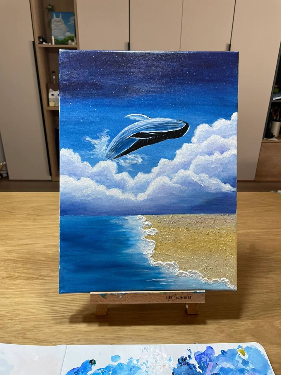 蓝鲸 大海 沙滩丙烯画石英砂装饰画附步骤图 临摹博主:山水画师 的一