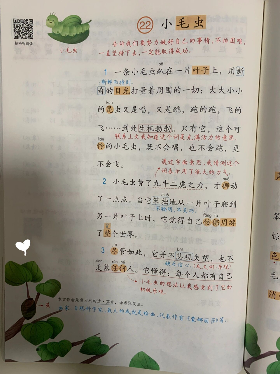 课堂笔记 二年级下册语文第七单元第22课《小毛虫》 备课笔记 预习